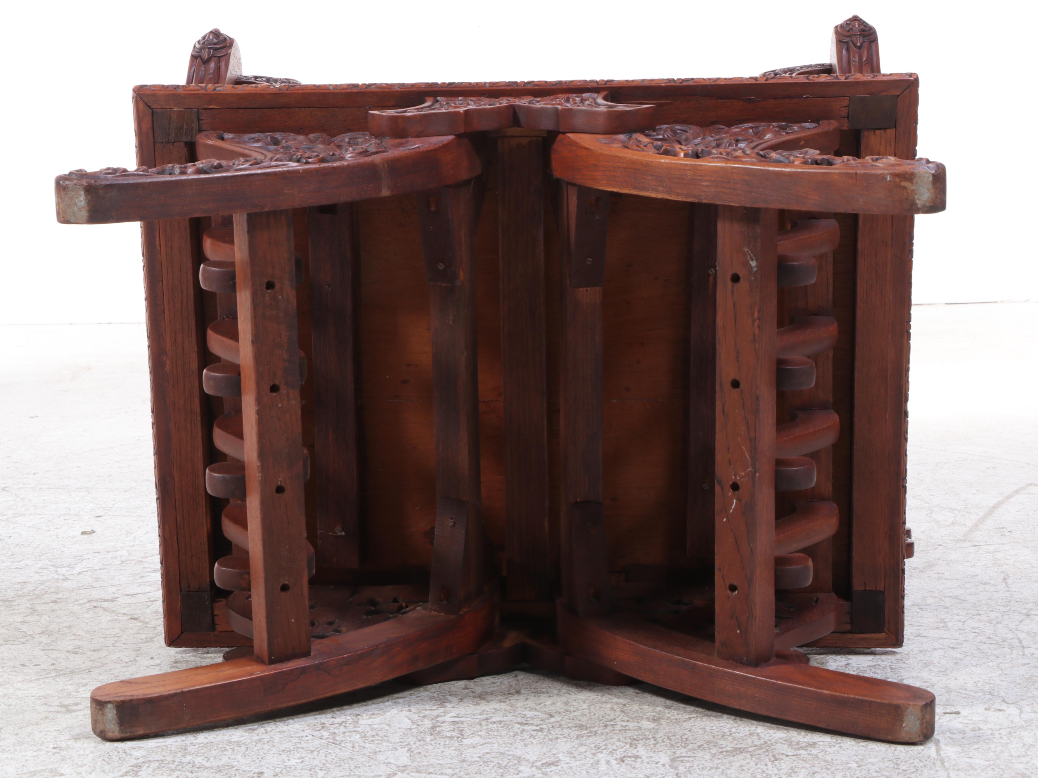Indian Hand-Carved Wood Howdah Chair With Velvet Cushion