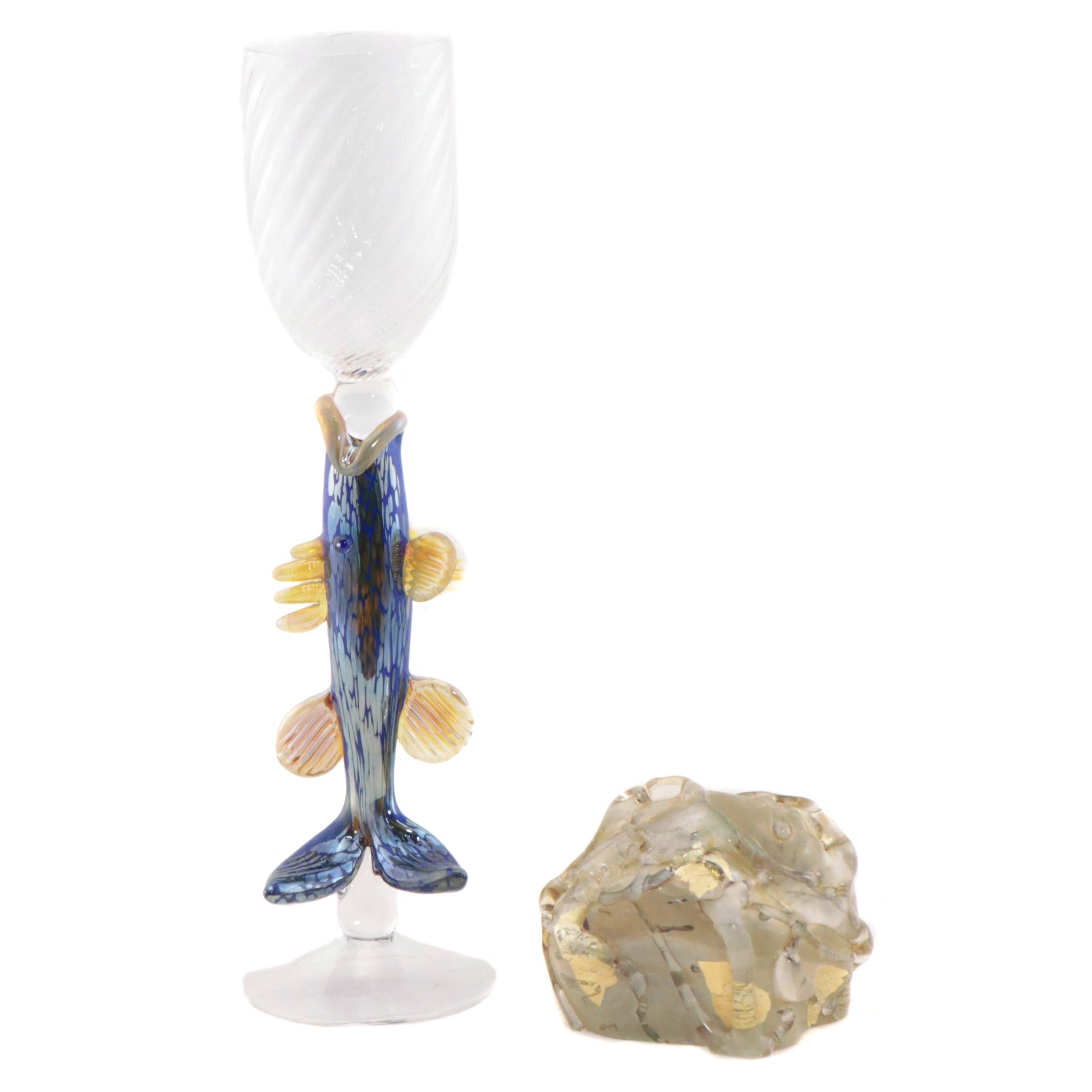 Blown Art Glass Goblet with Fish Shaped Stem and Paperweight