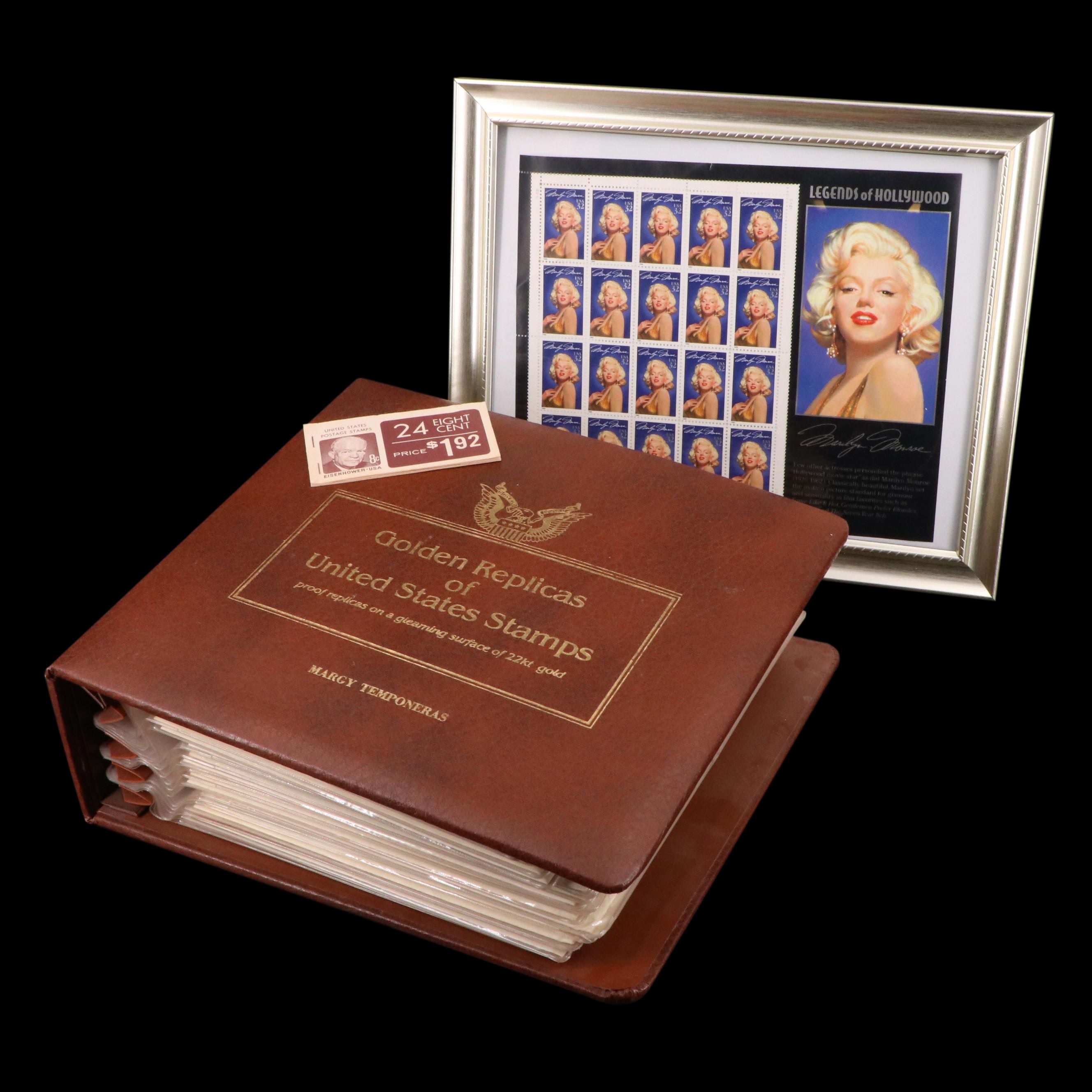 Small Stamp Collection Including Marilyn Monroe and Golden Replicas