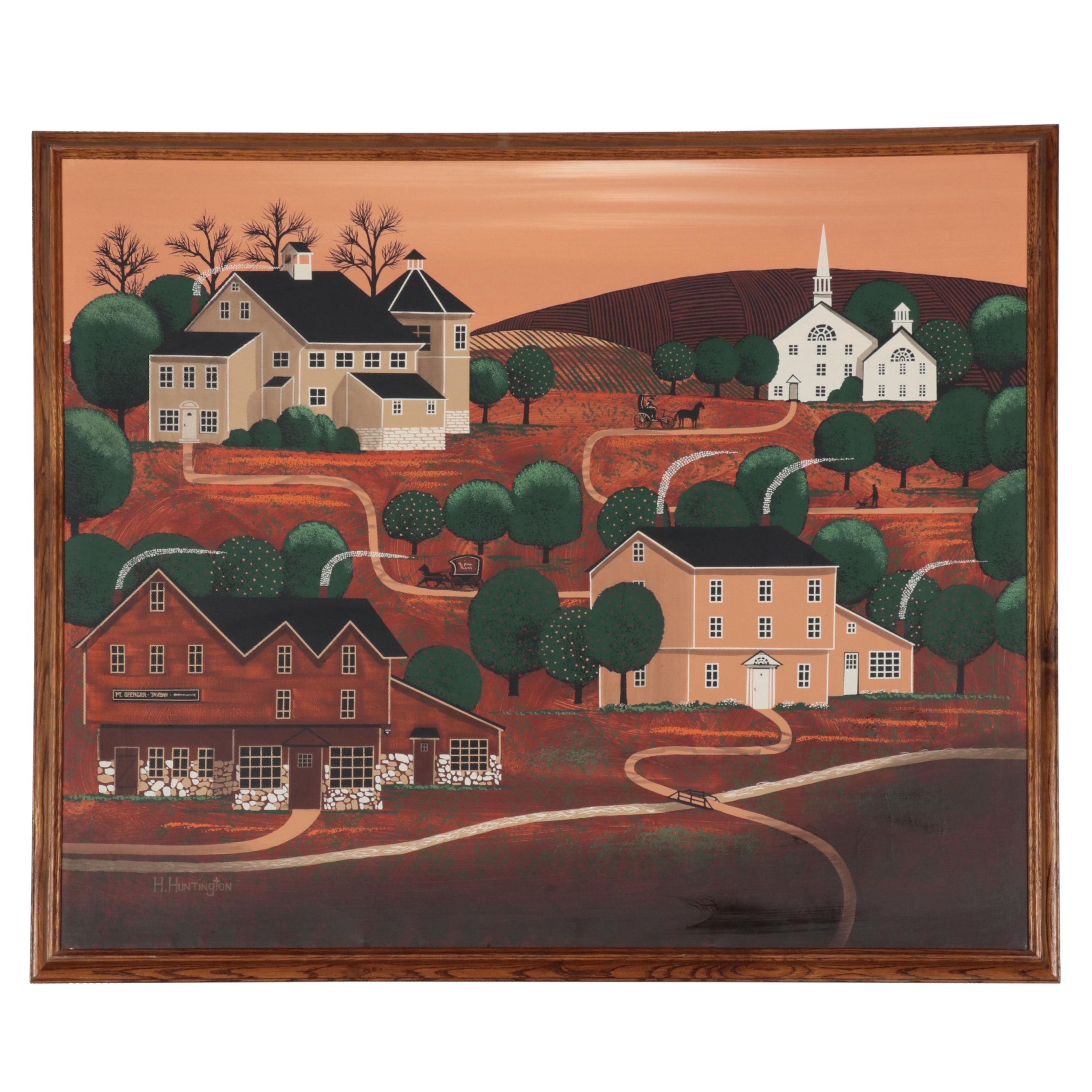 H. Huntington Folk Art Serigraph of Town Scene