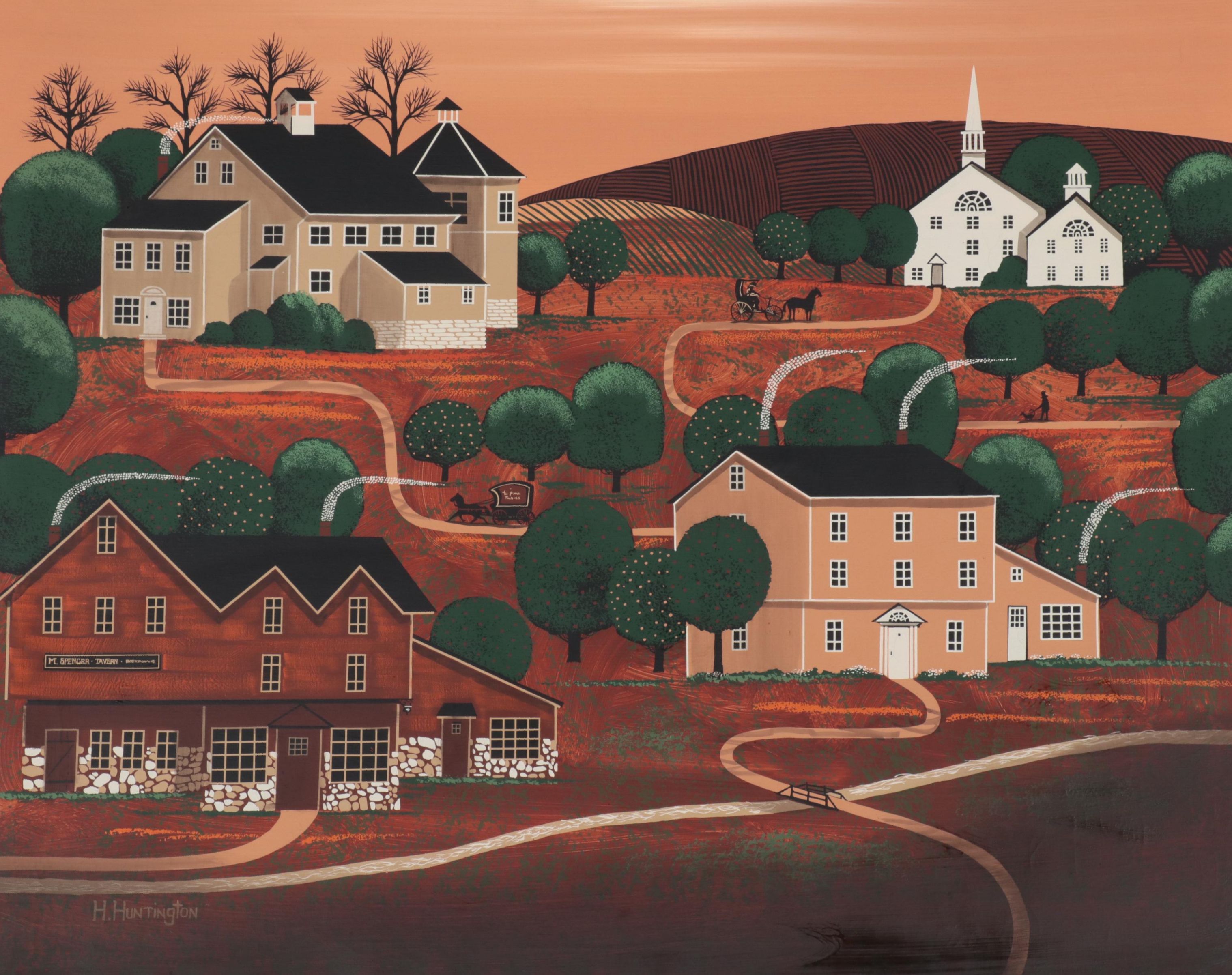 H. Huntington Folk Art Serigraph of Town Scene