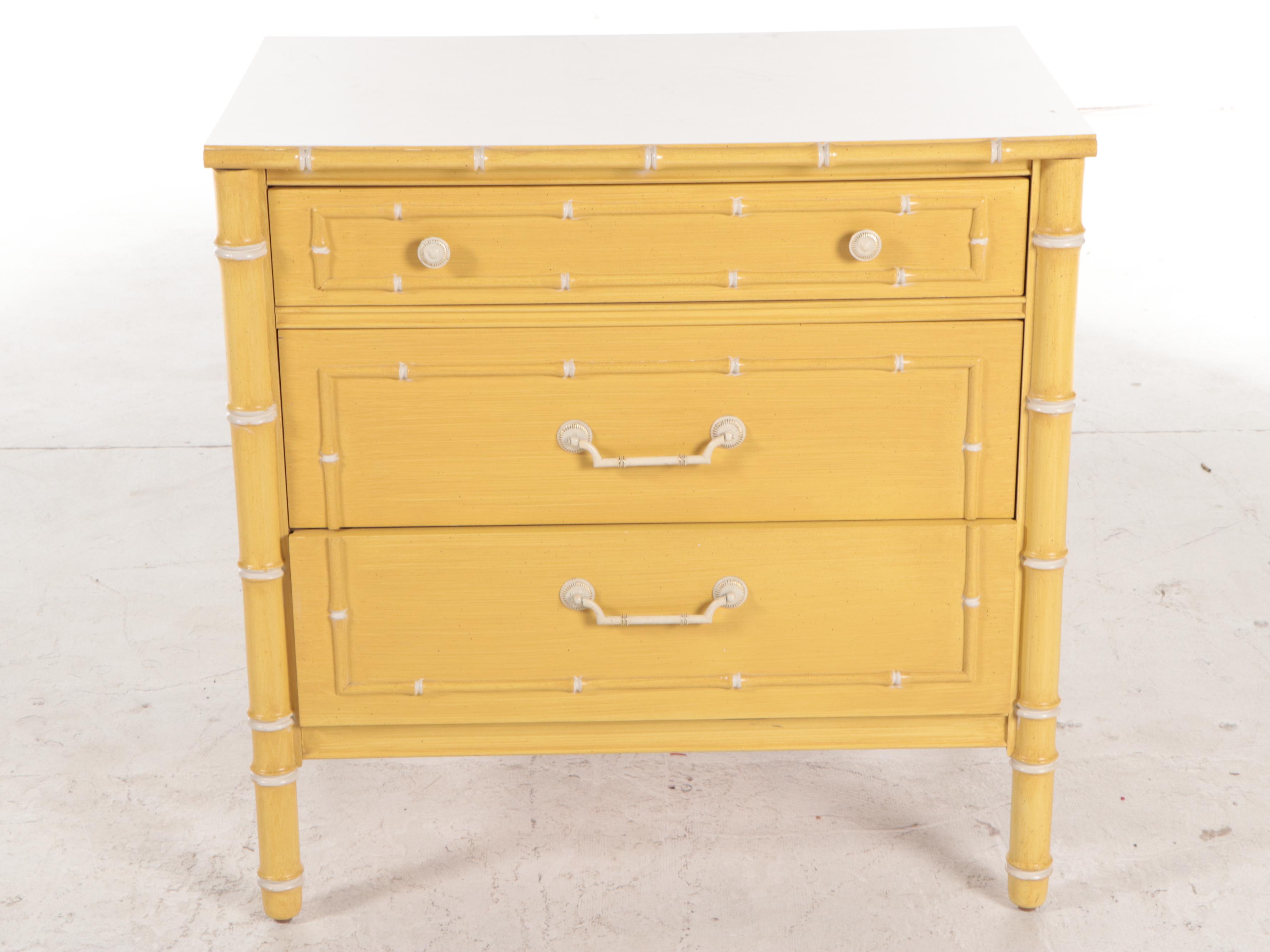 Pair of Thomasville Painted Faux-Bamboo Twin Size Bed Frames and Nightstand