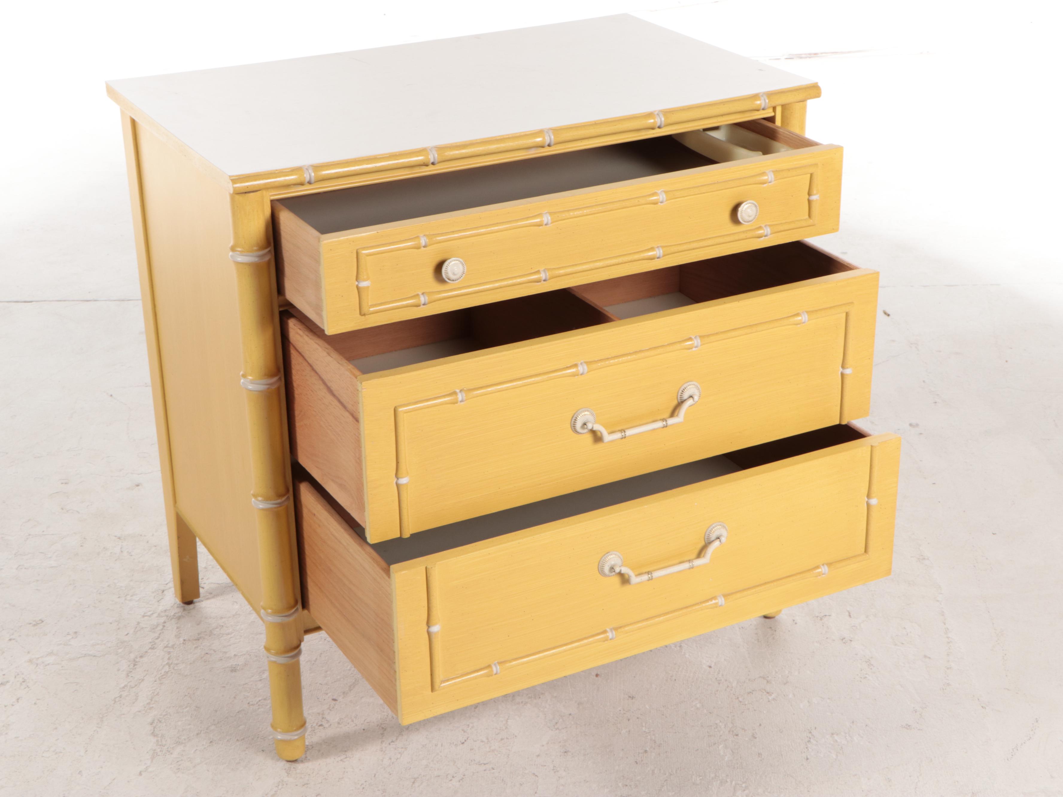 Pair of Thomasville Painted Faux-Bamboo Twin Size Bed Frames and Nightstand