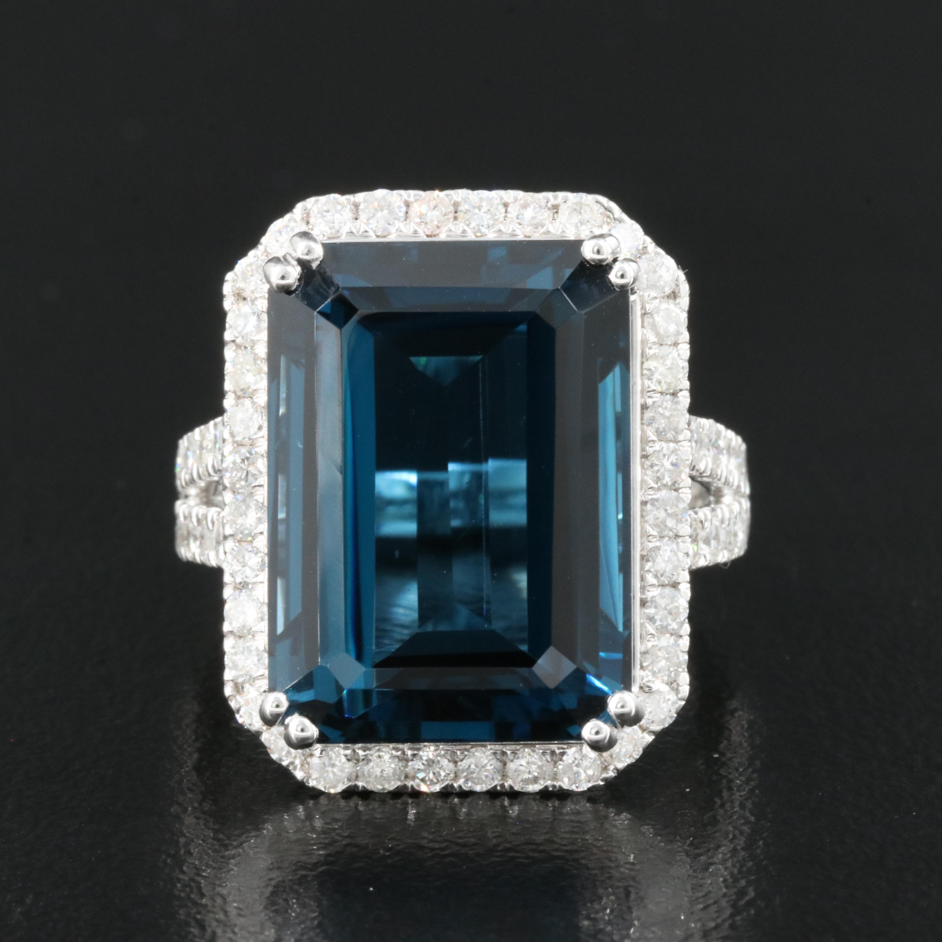 14K 21.18 CT London Blue Topaz and 1.35 CTW Diamond Halo Ring