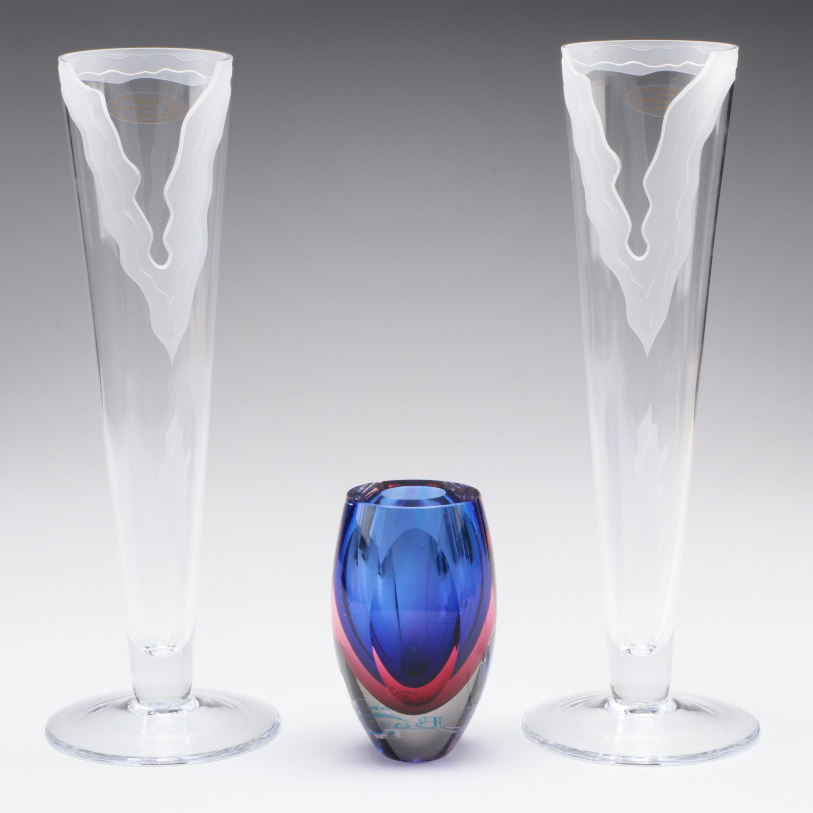 Badash Crystal Sommerso Vase with Pair of Polish Blown Glass Vases