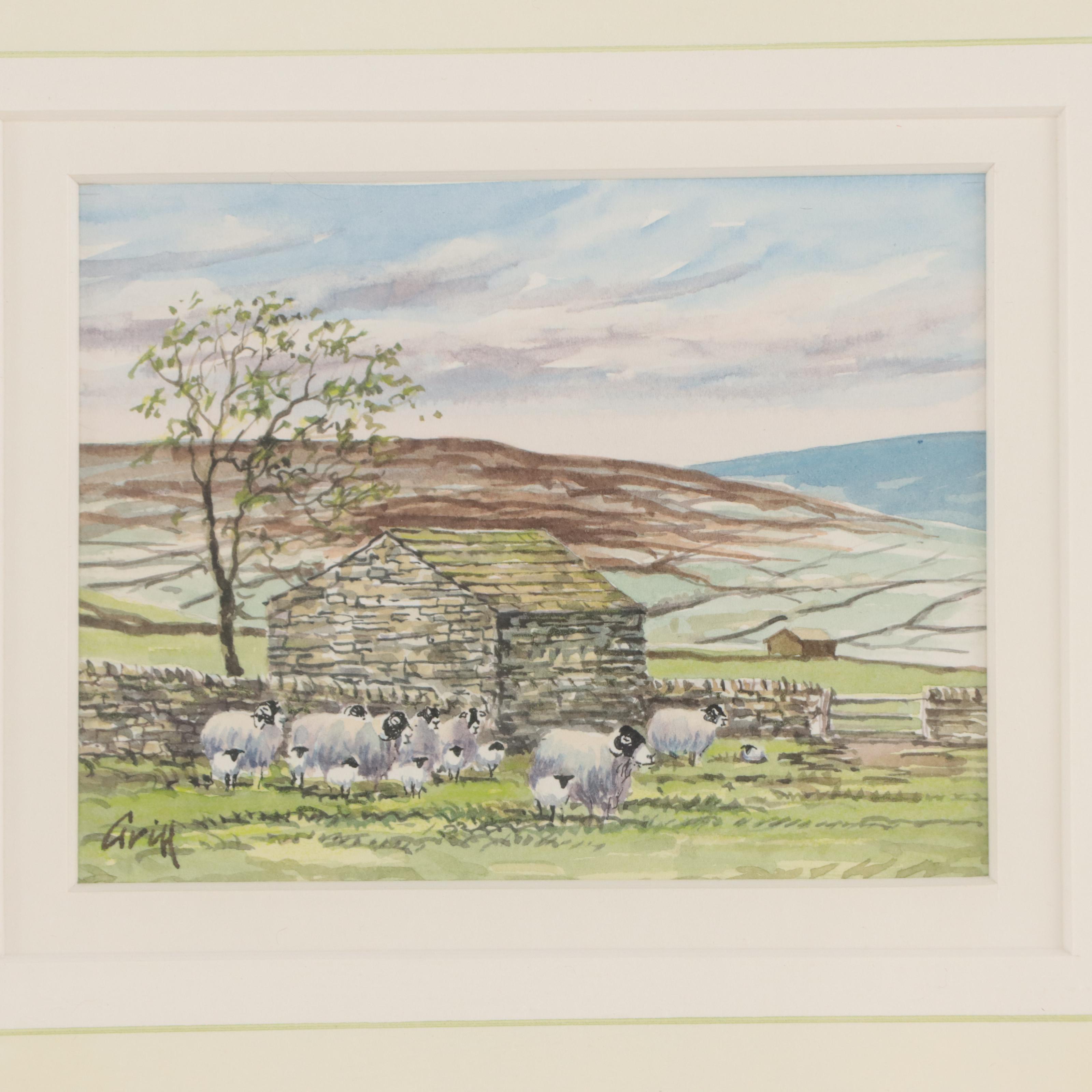 Watercolor Painting of Pastoral Landscape