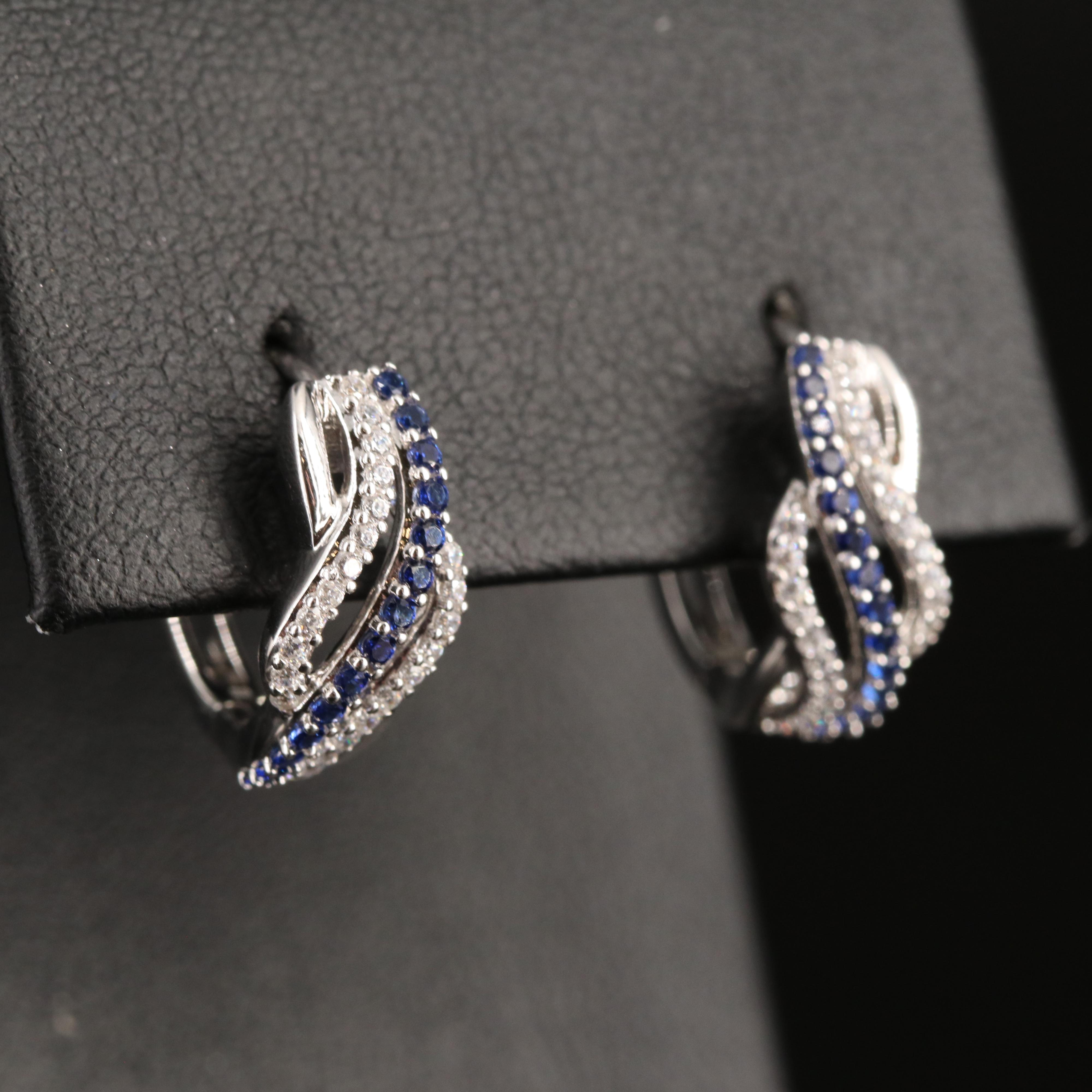 Sterling Sapphire and Cubic Zirconia Huggie Hoop Earrings
