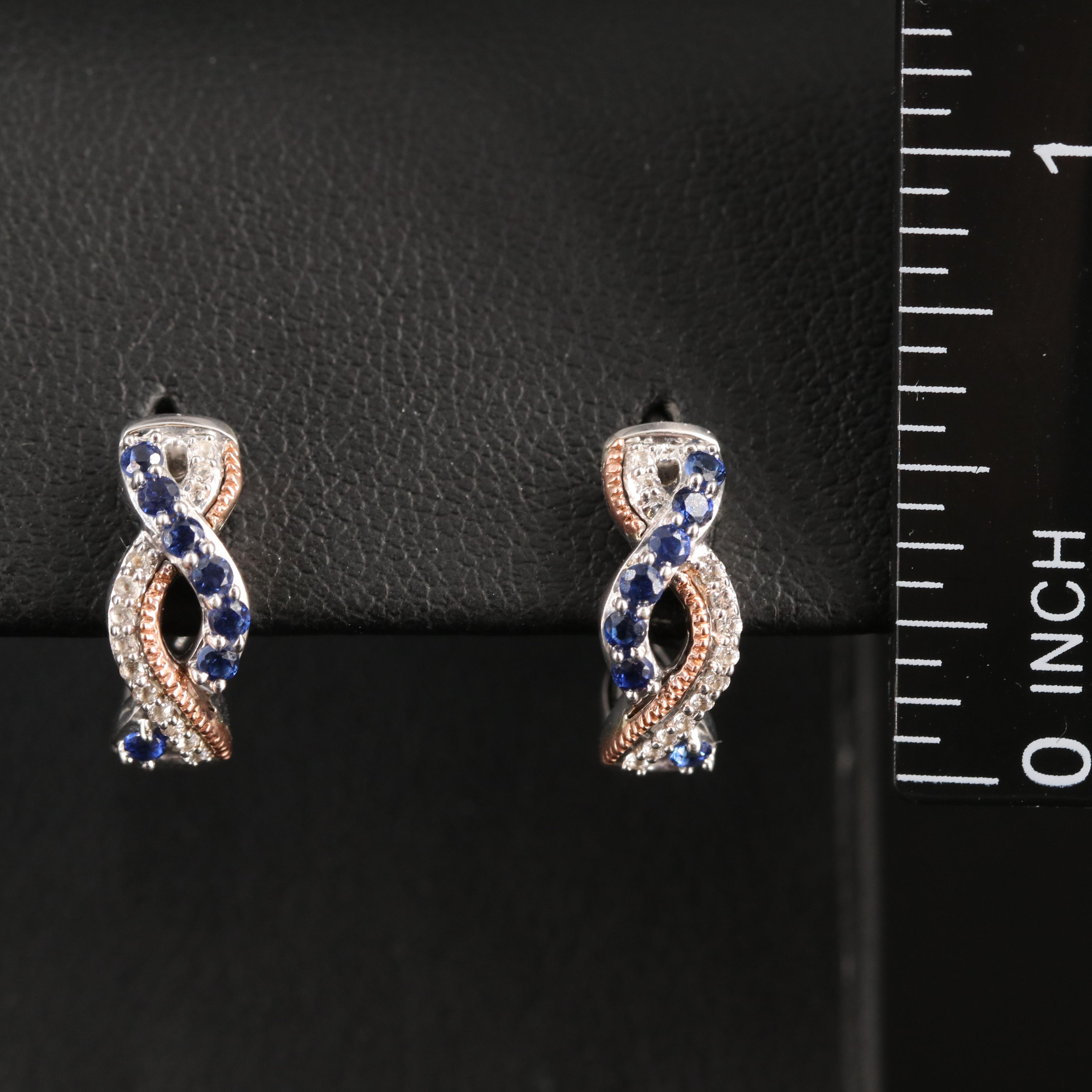 Sterling Sapphire and White Sapphire Huggie Earrings with 10K Rose Gold Accents
