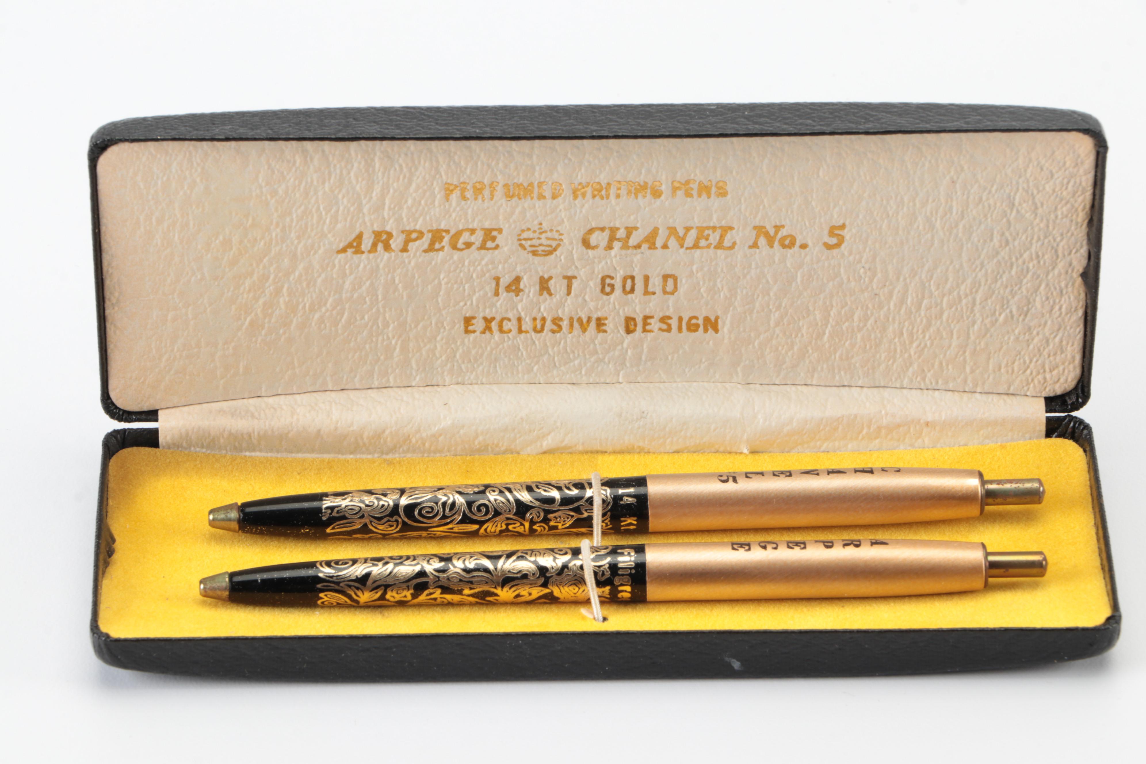 Arpege Chanel #5 14K Gold Filigree Perfumed Ballpoint Pens and Case