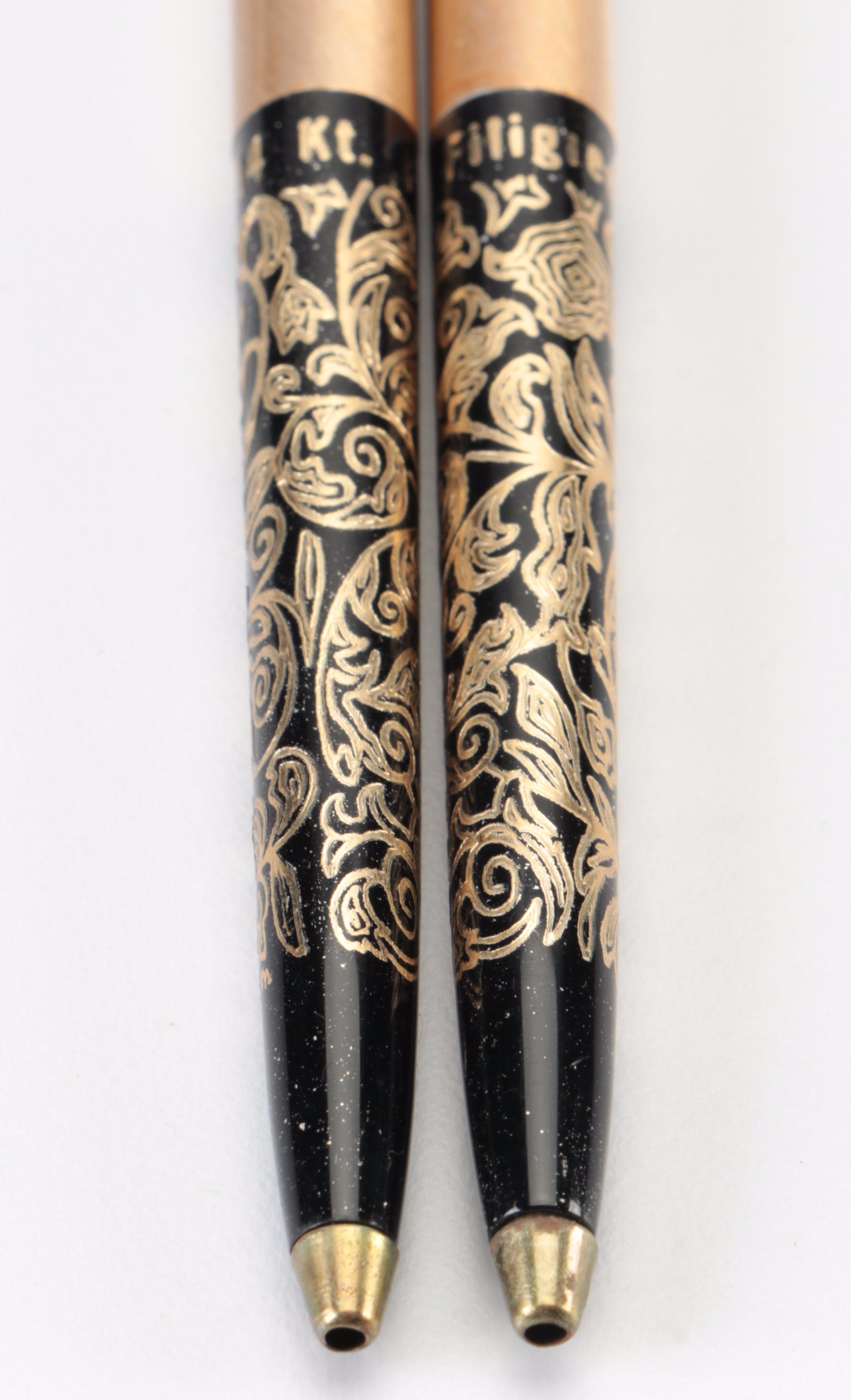 Arpege Chanel #5 14K Gold Filigree Perfumed Ballpoint Pens and Case