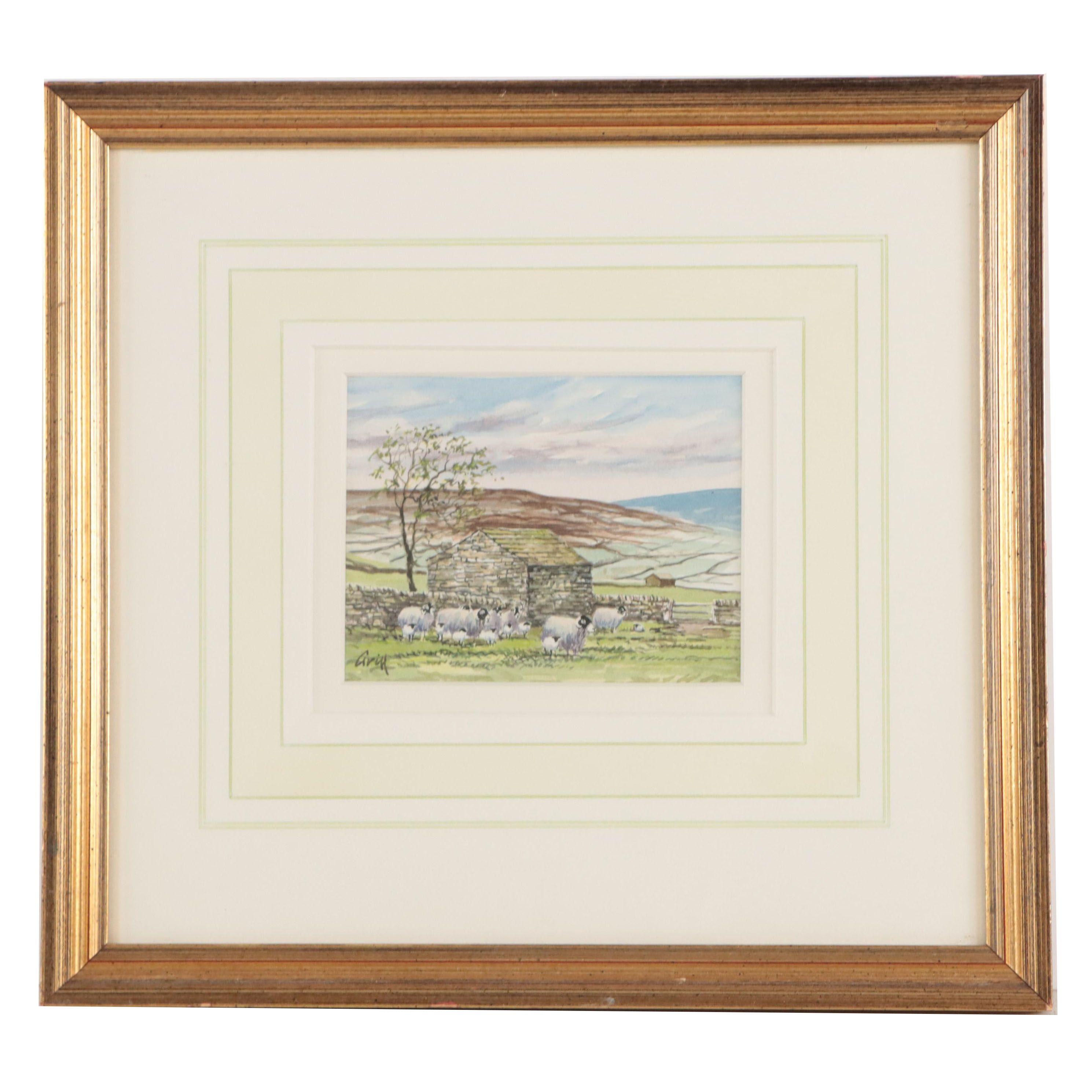 Watercolor Painting of Pastoral Landscape