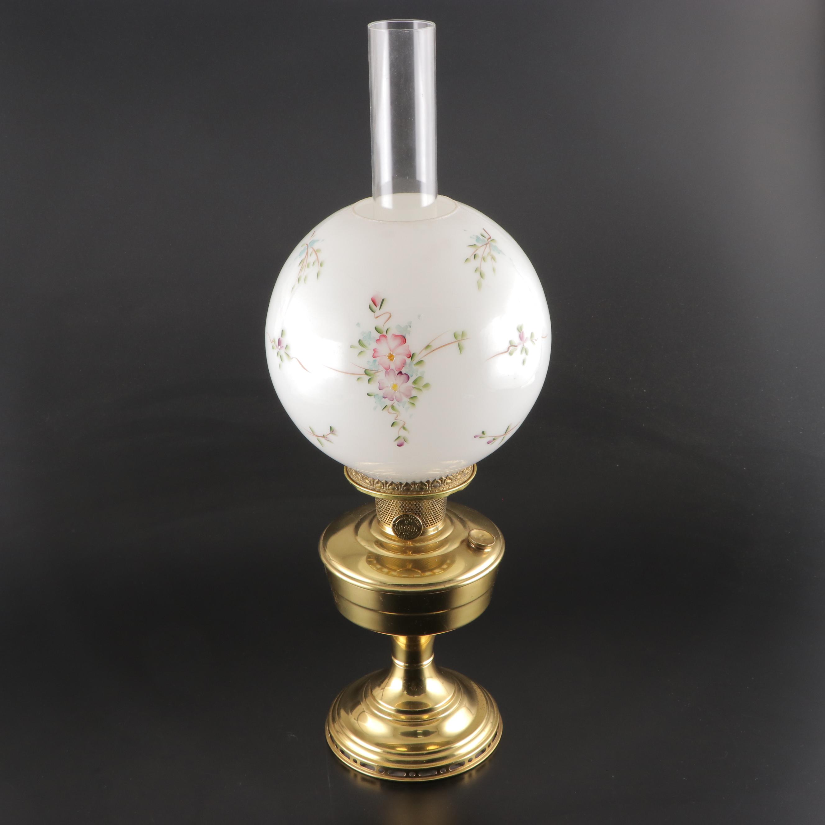 Aladdin Brass Oil Lamp With Hand-Painted Milk Glass Shade, Early 20th Century