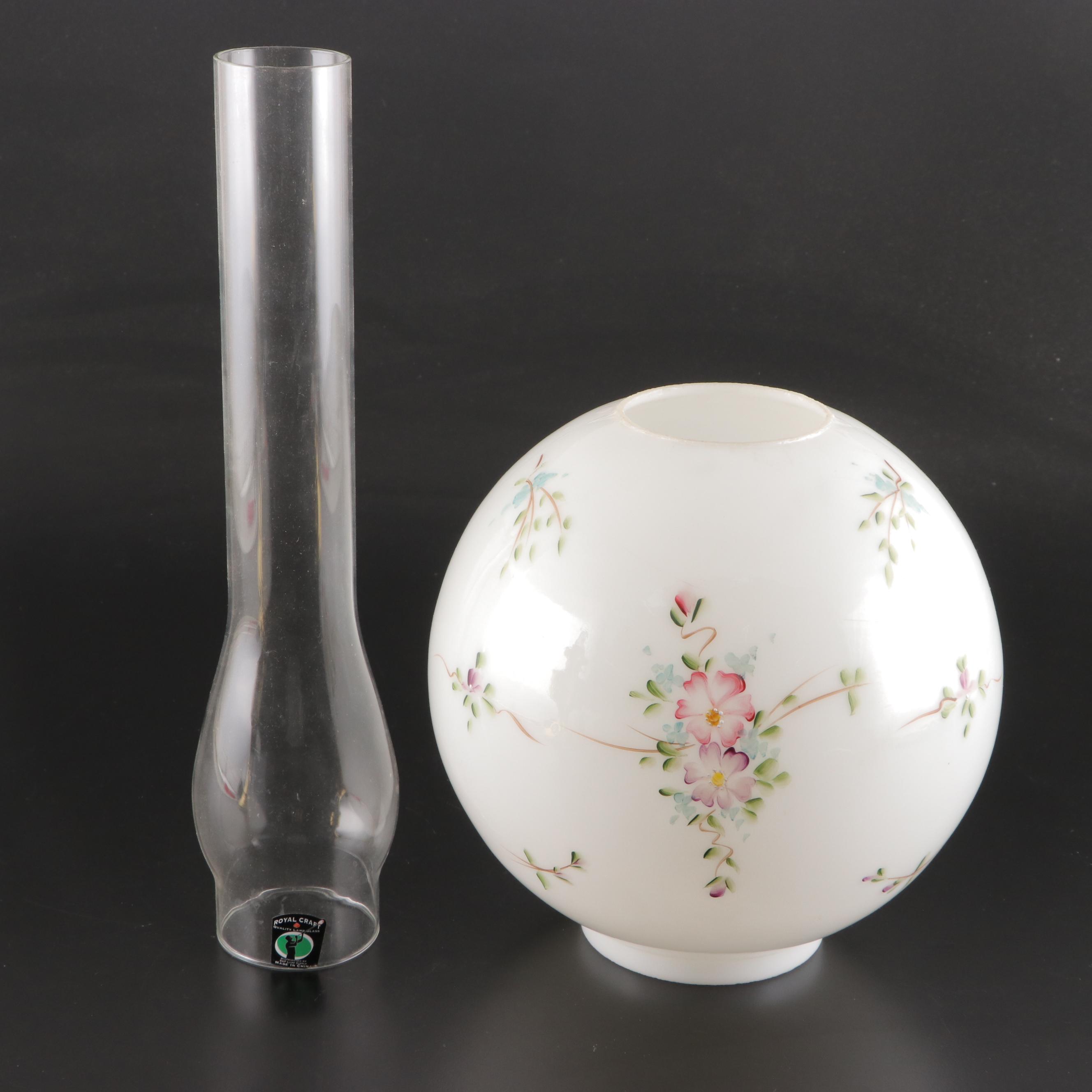 Aladdin Brass Oil Lamp With Hand-Painted Milk Glass Shade, Early 20th Century