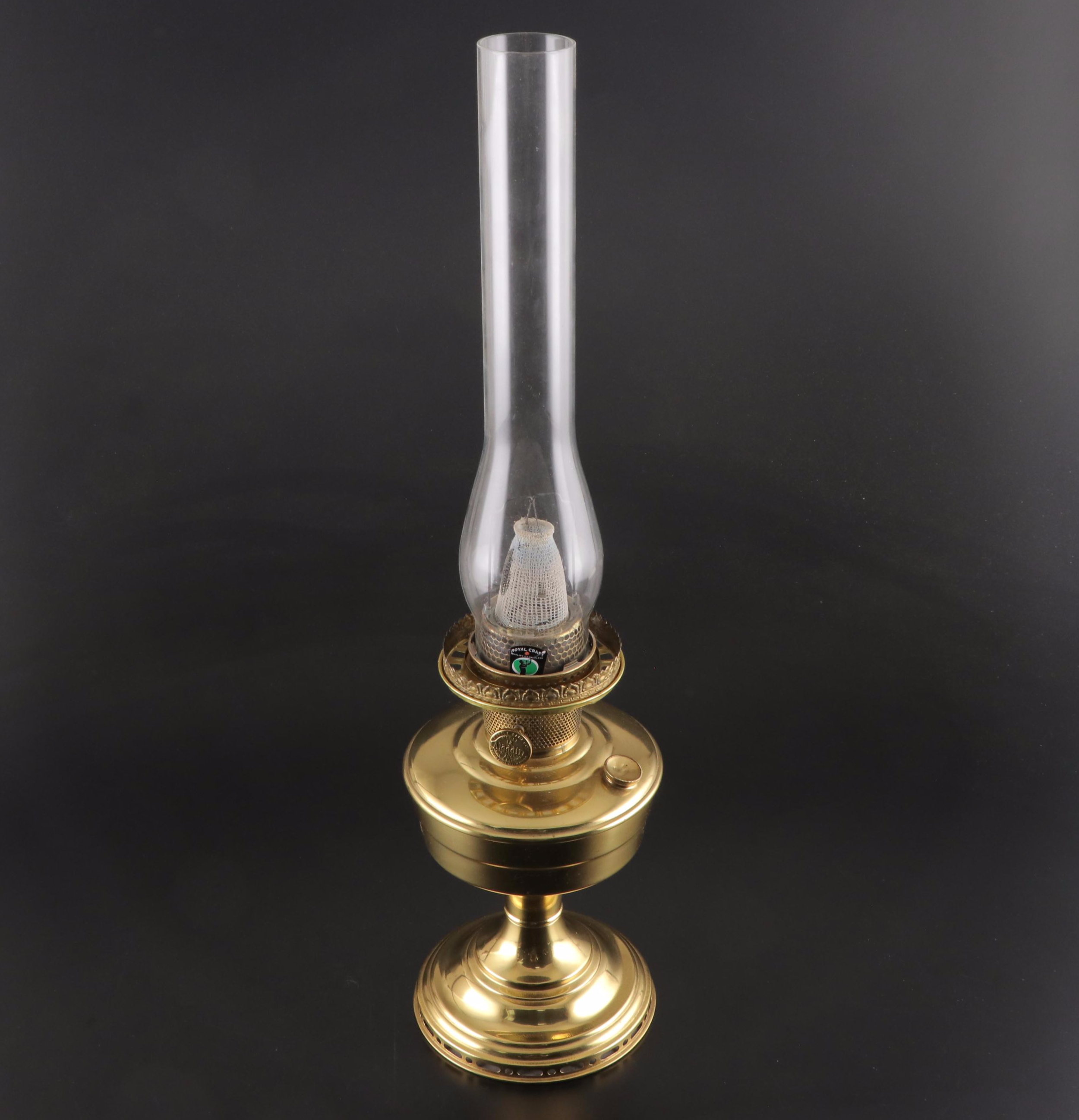 Aladdin Brass Oil Lamp With Hand-Painted Milk Glass Shade, Early 20th Century