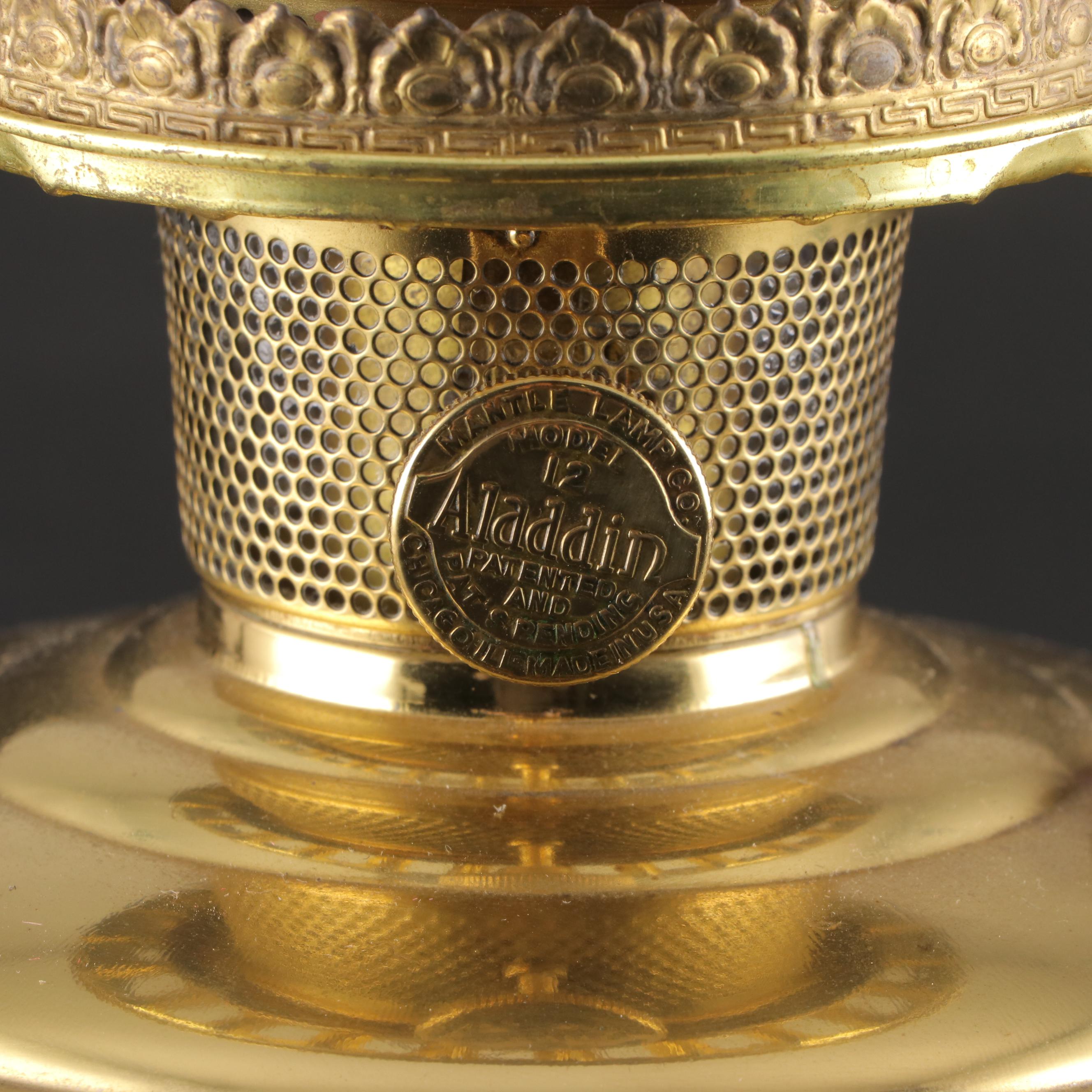 Aladdin Brass Oil Lamp With Hand-Painted Milk Glass Shade, Early 20th Century