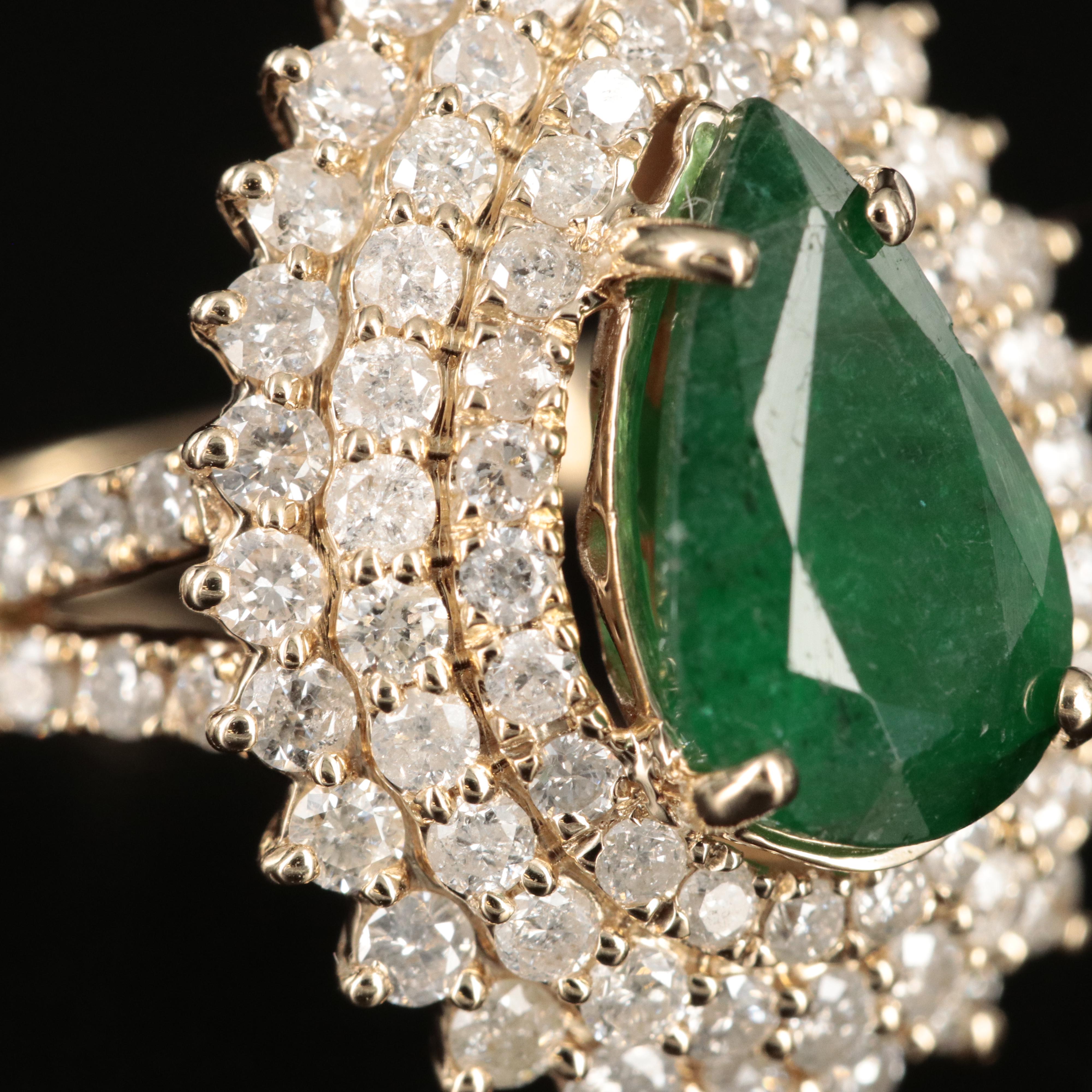 14K 2.00 CT Emerald and 1.61 CTW Diamond Teardrop Ring