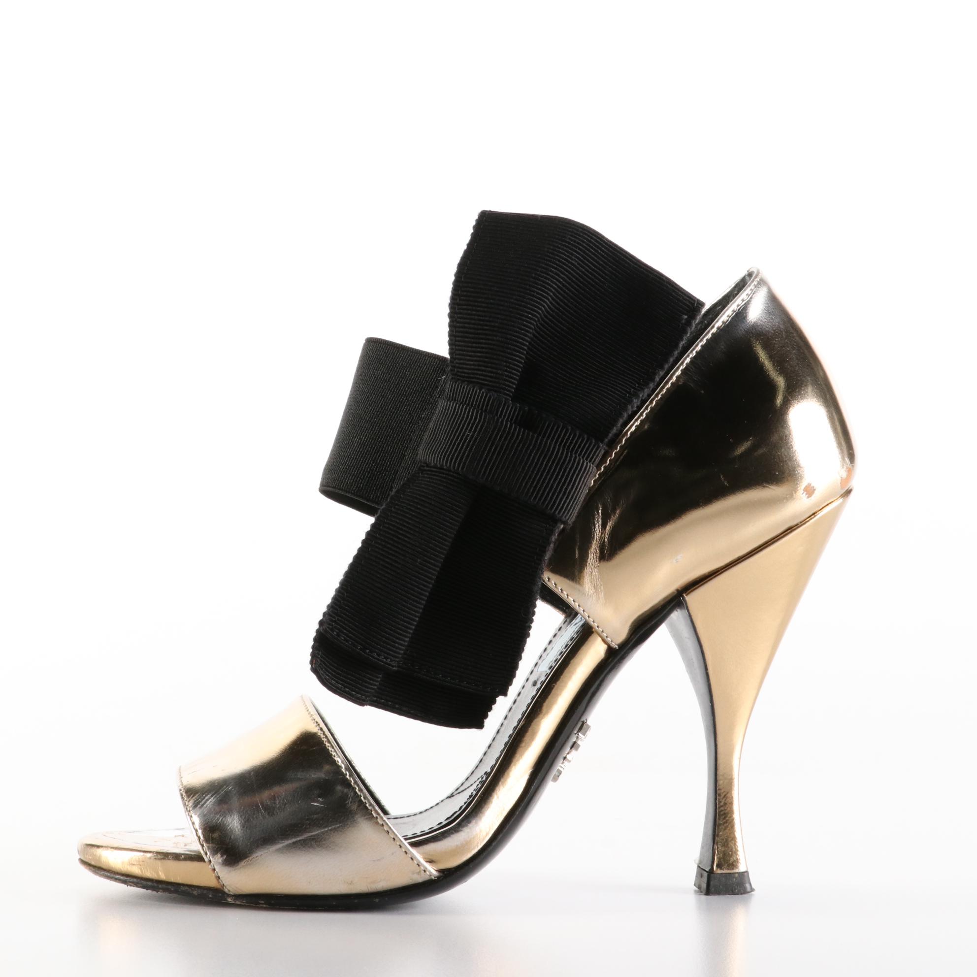 Prada D'Orsay 100mm Heels in Metallic Gold Leather with Large Bow Accents