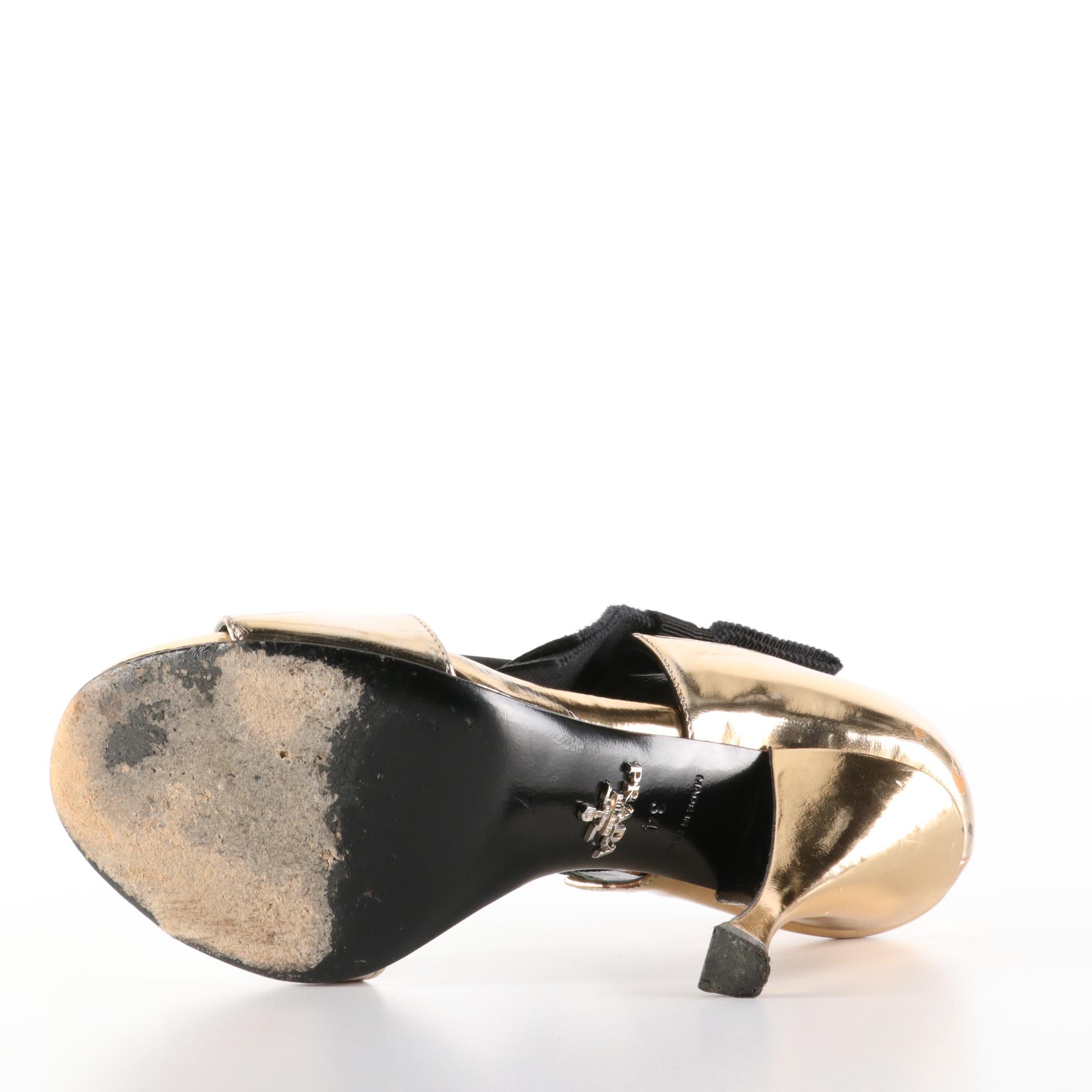 Prada D'Orsay 100mm Heels in Metallic Gold Leather with Large Bow Accents