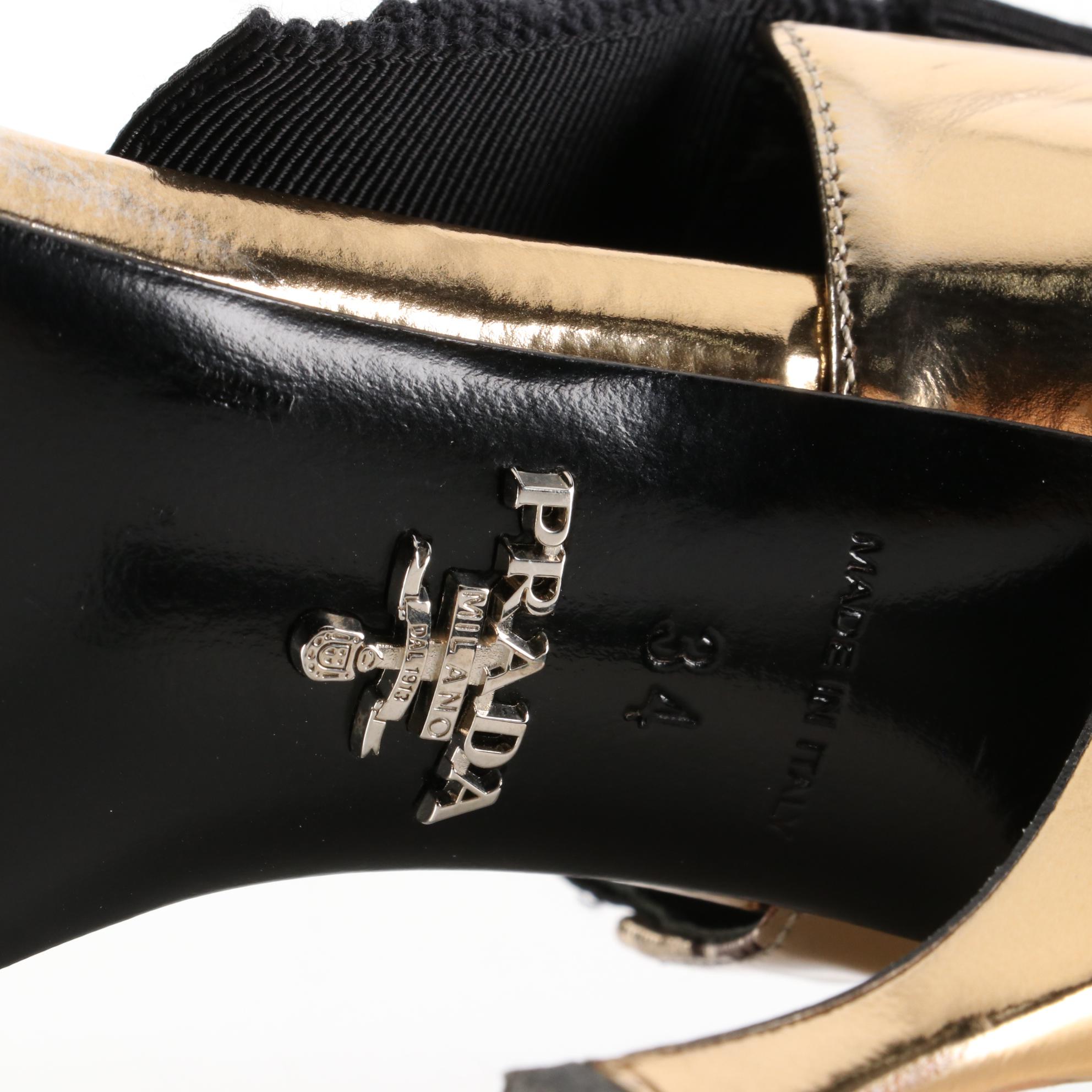 Prada D'Orsay 100mm Heels in Metallic Gold Leather with Large Bow Accents