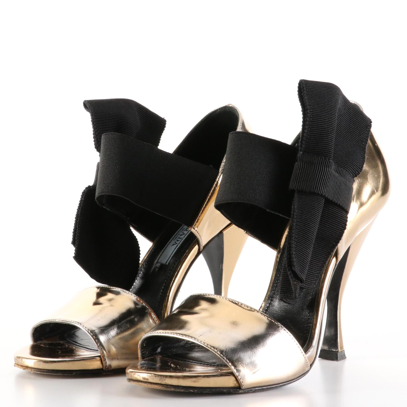 Prada D'Orsay 100mm Heels in Metallic Gold Leather with Large Bow Accents