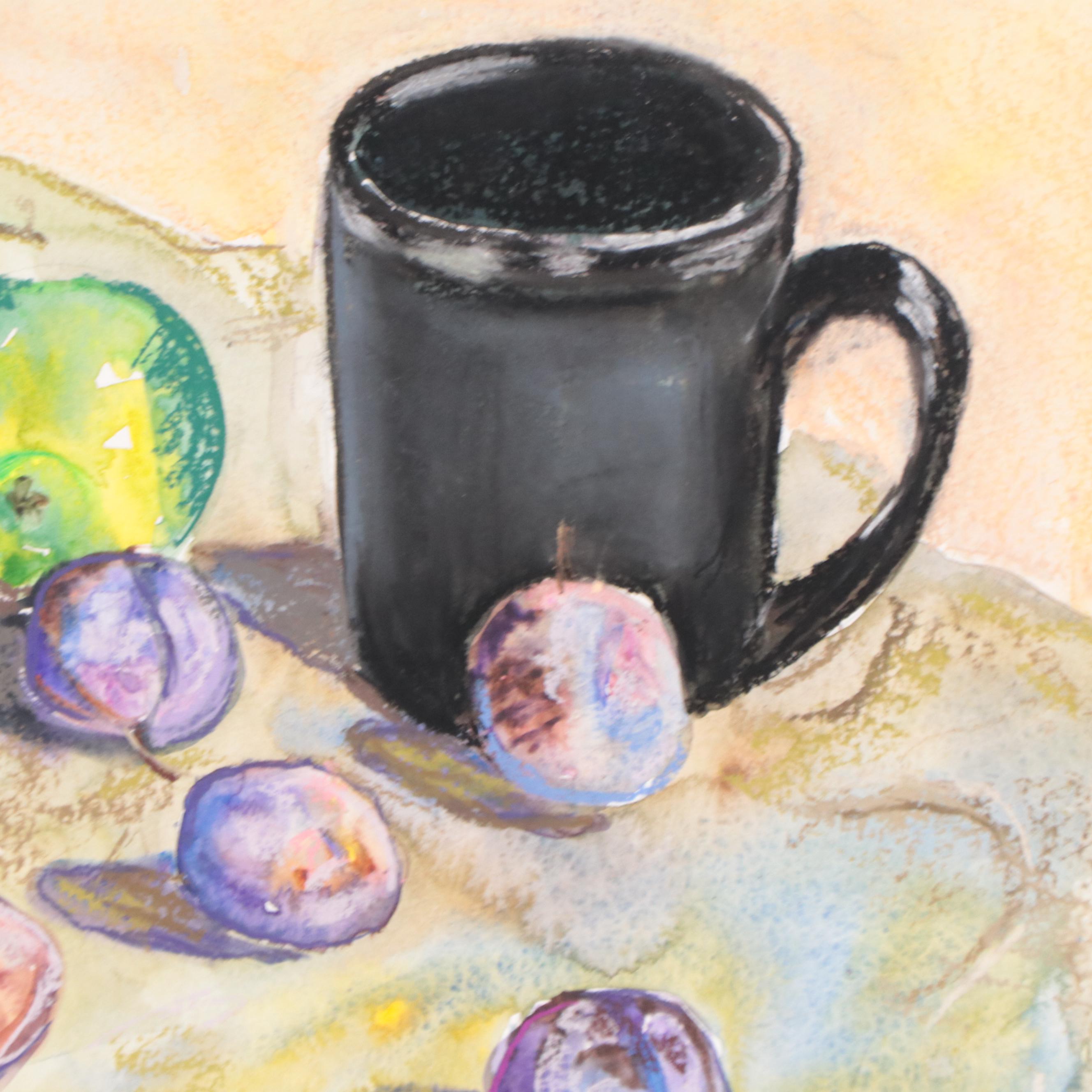 Marina Mozhayeva Still Life Watercolor Painting of Mug and Fruit, 21st Century