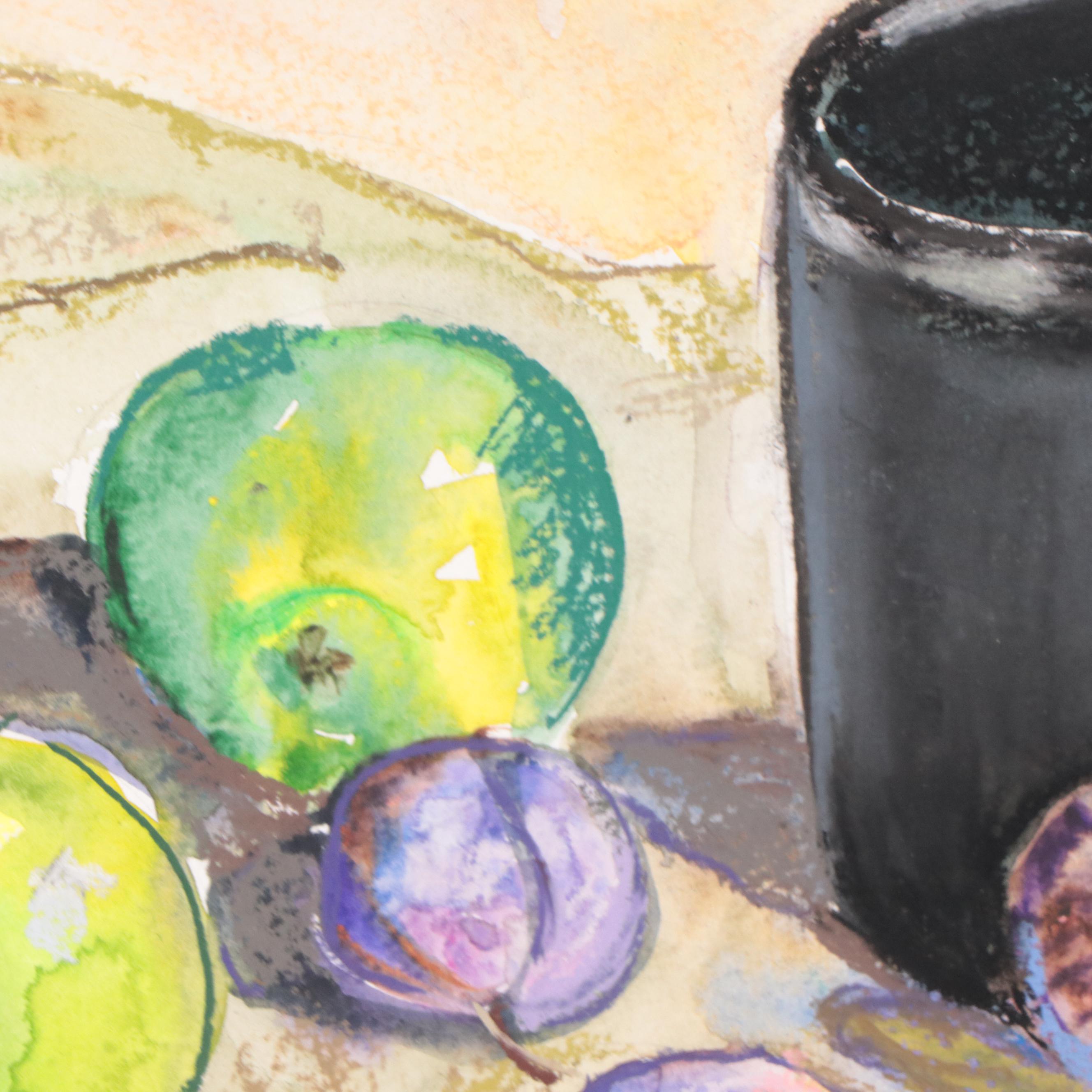 Marina Mozhayeva Still Life Watercolor Painting of Mug and Fruit, 21st Century