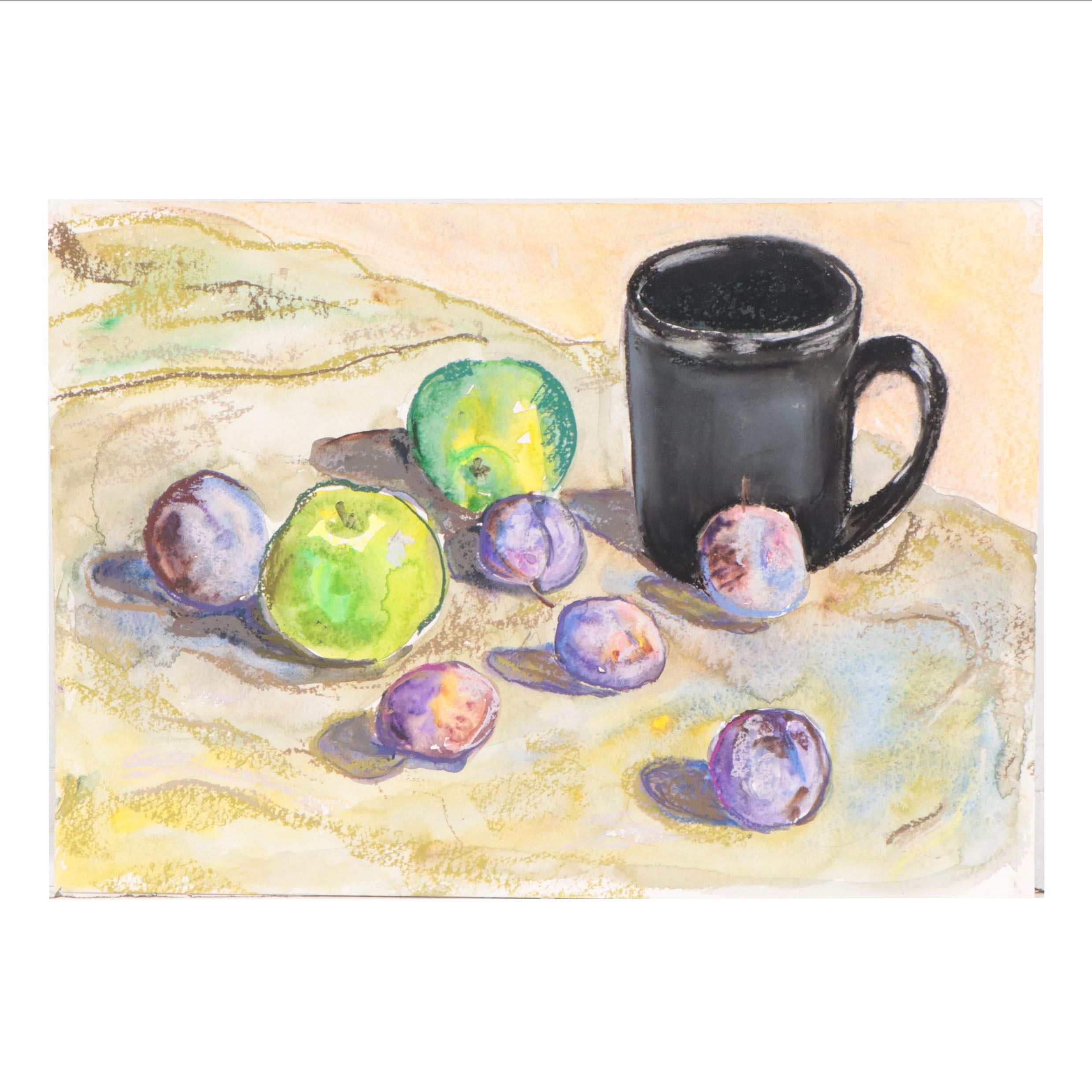 Marina Mozhayeva Still Life Watercolor Painting of Mug and Fruit, 21st Century