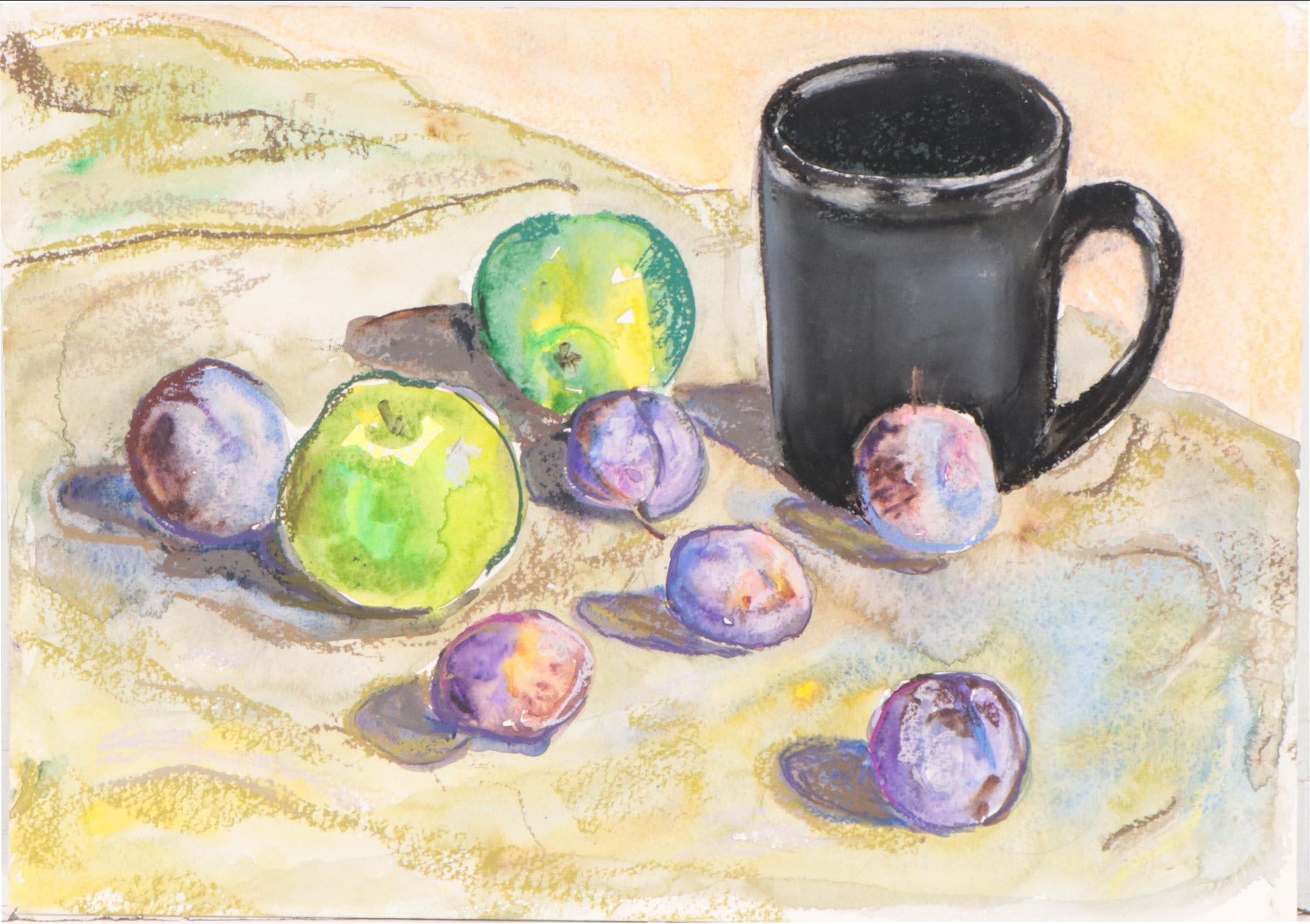 Marina Mozhayeva Still Life Watercolor Painting of Mug and Fruit, 21st Century