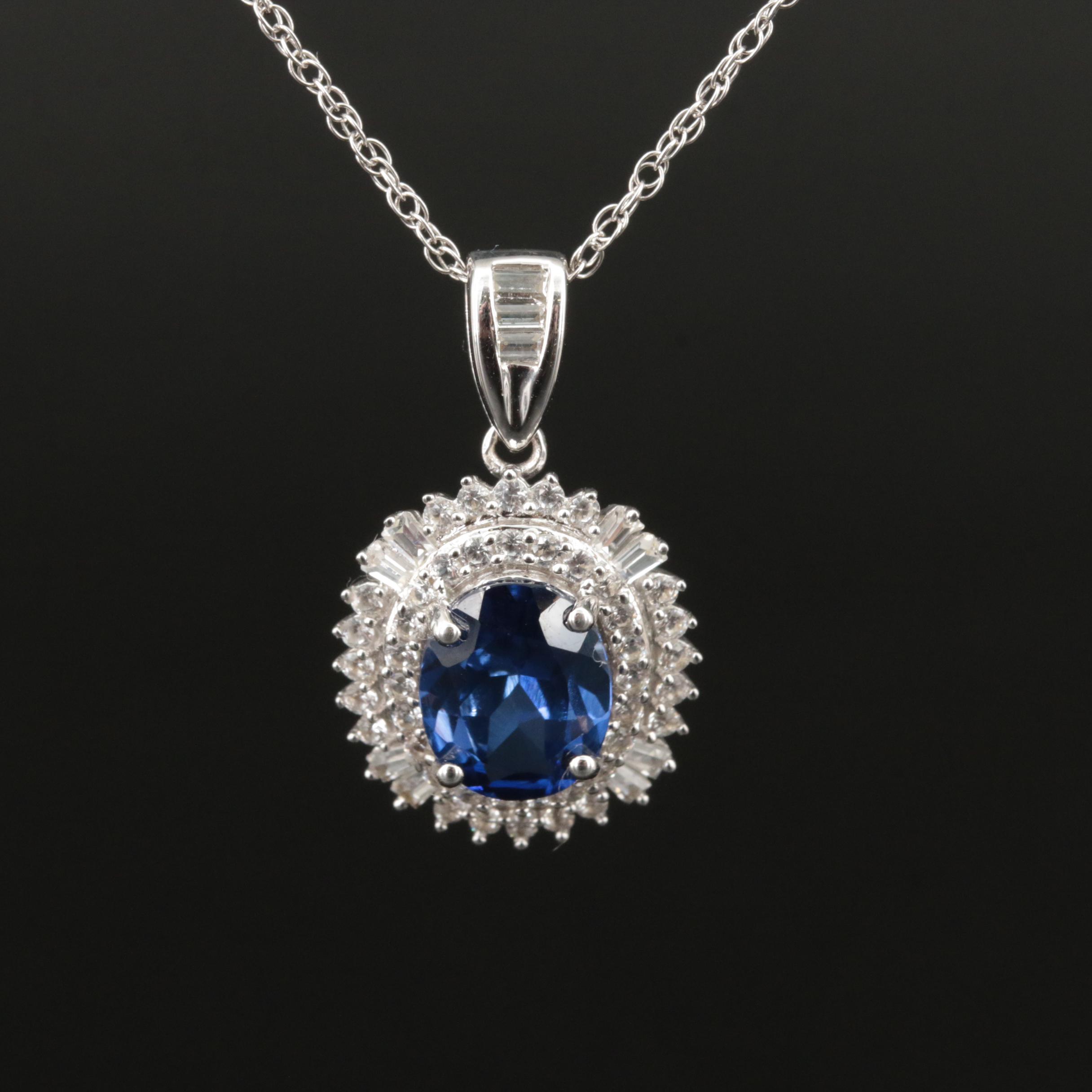 Sterling Sapphire Halo Pendant Necklace