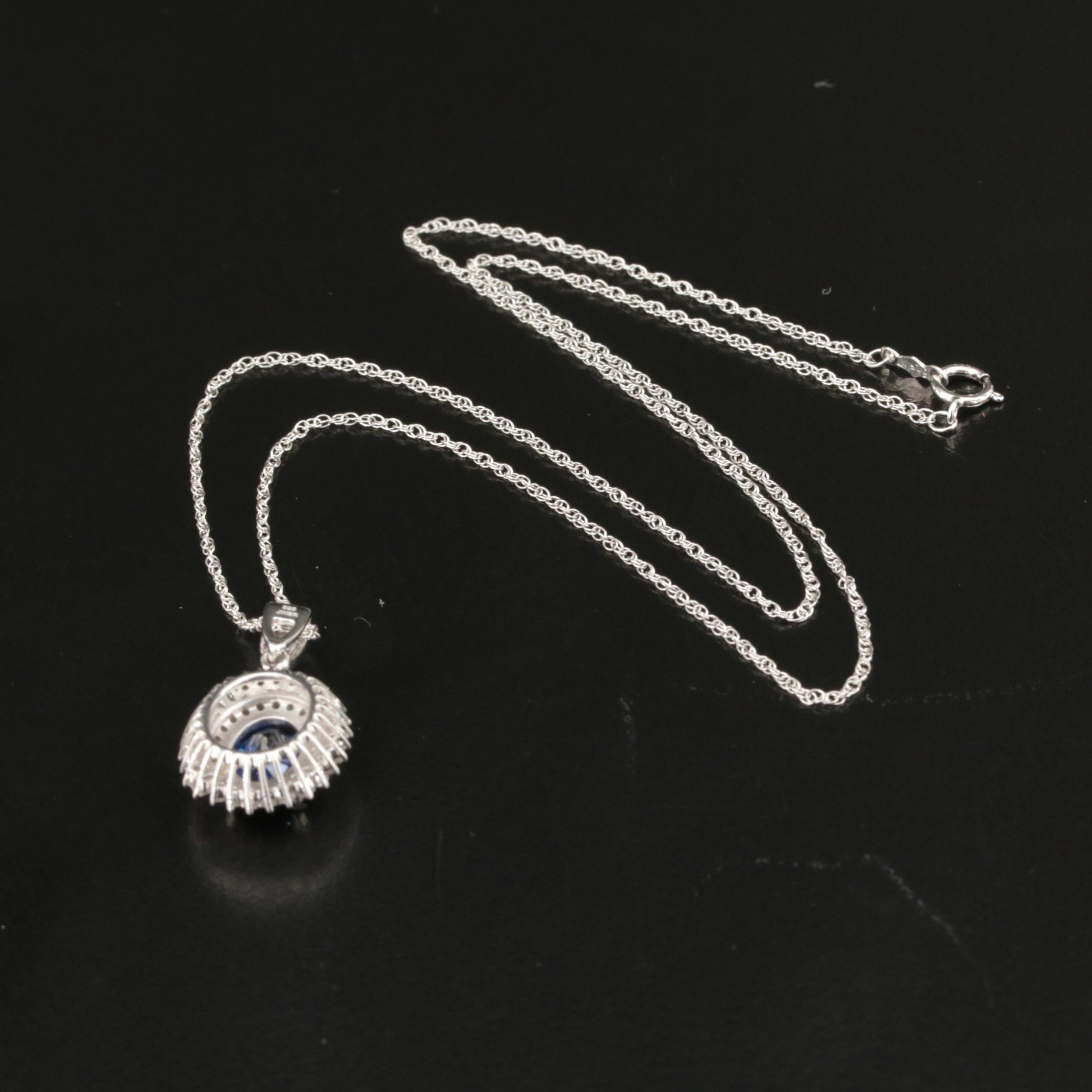 Sterling Sapphire Halo Pendant Necklace