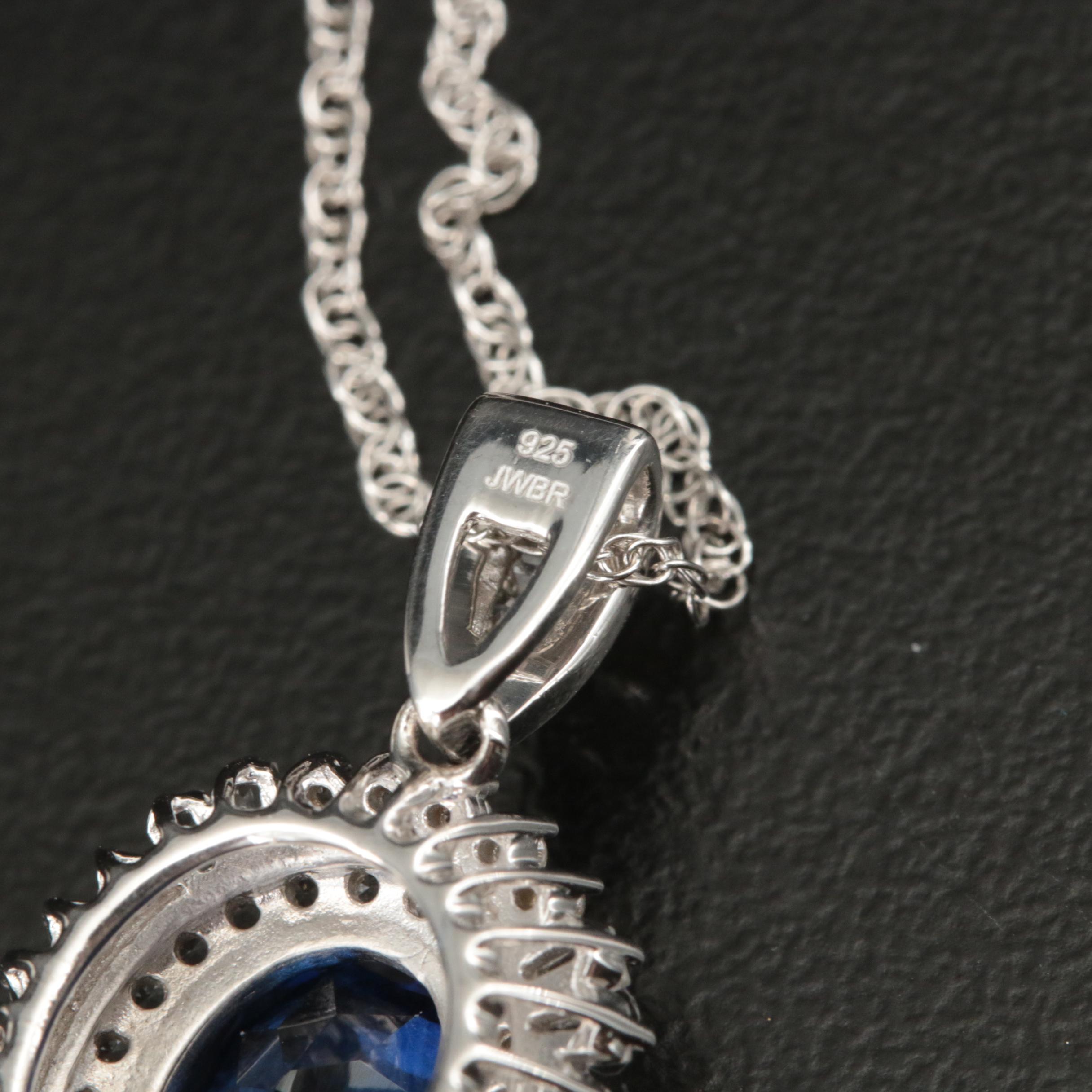 Sterling Sapphire Halo Pendant Necklace
