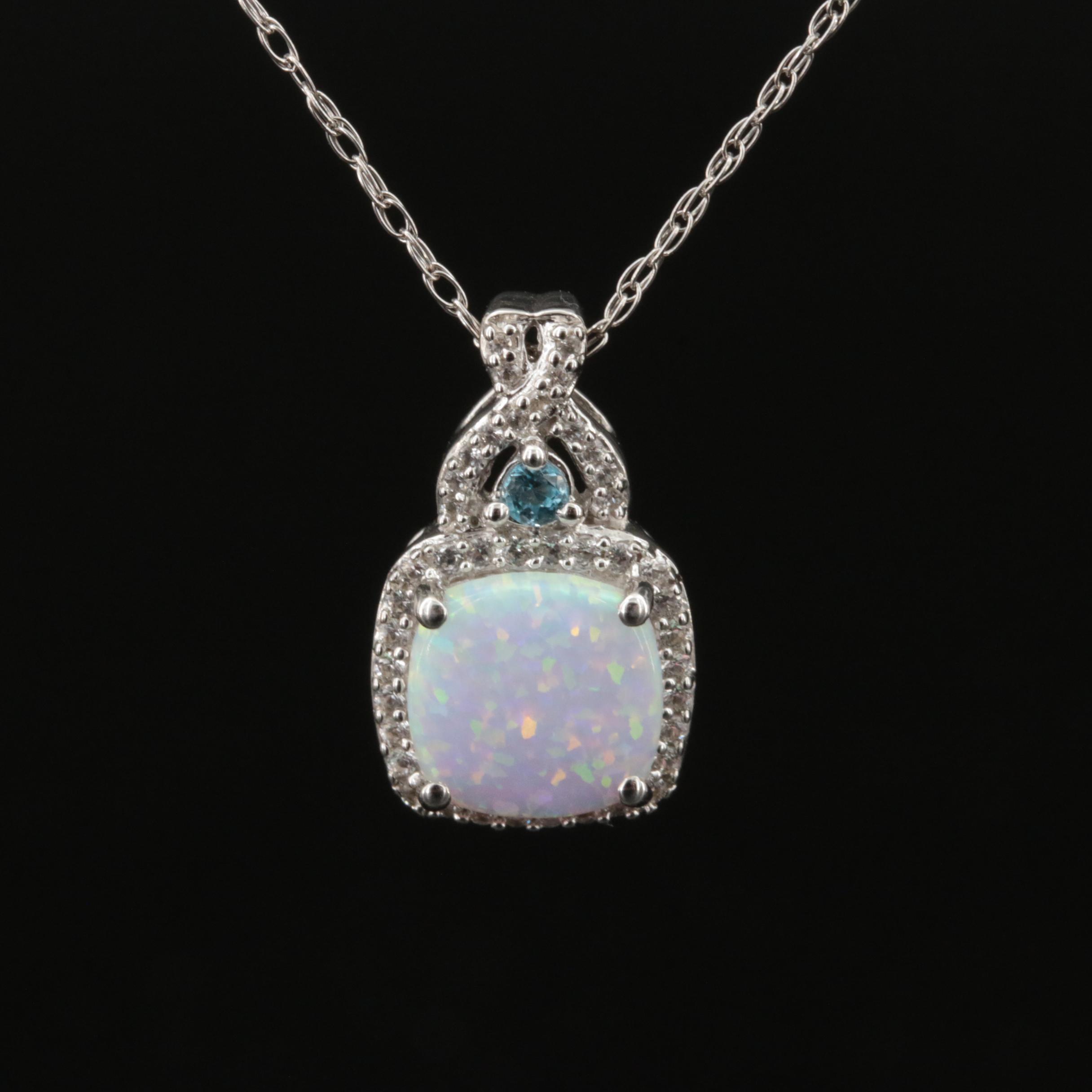 Sterling Opal, Sky Blue Topaz and White Sapphire Pendant Necklace