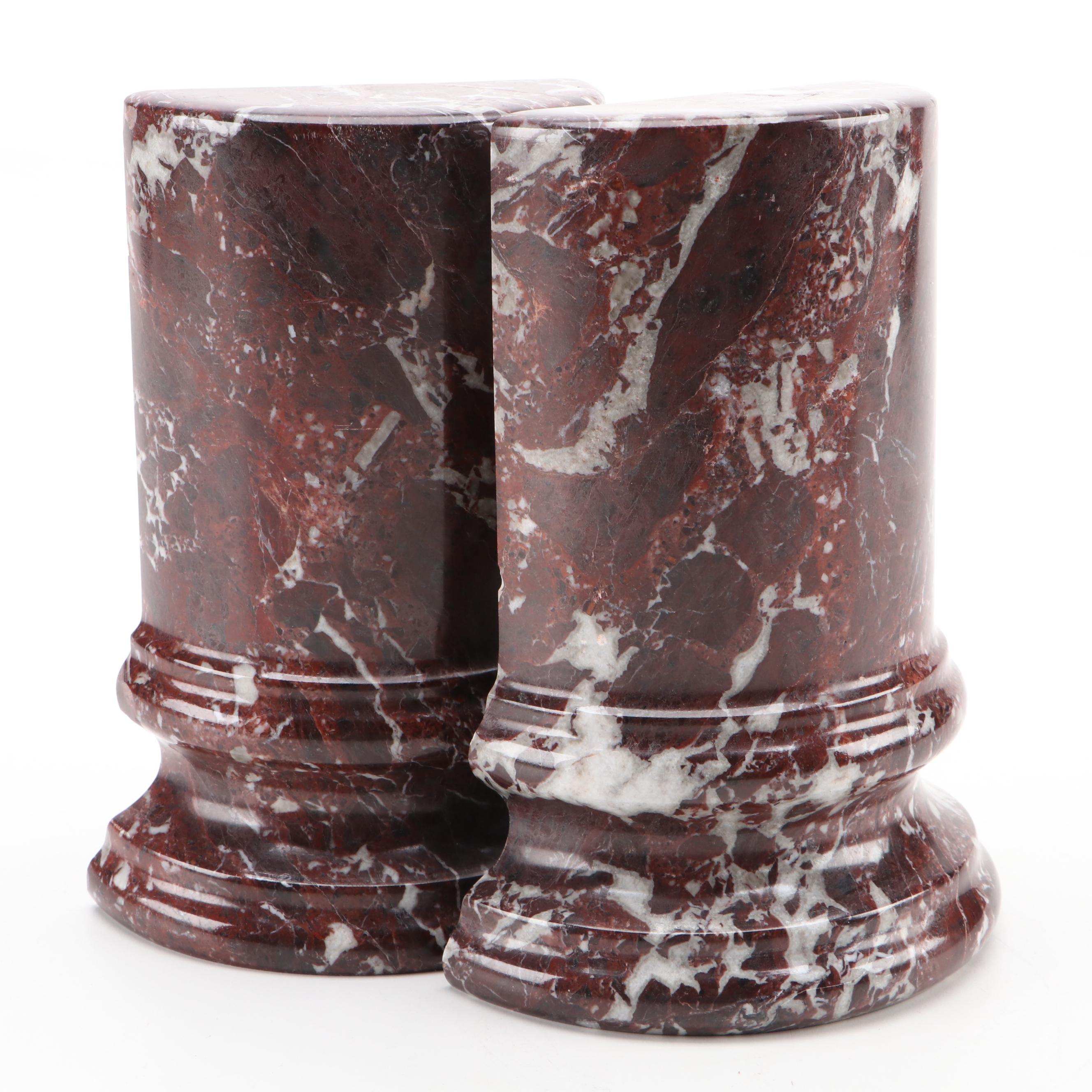 Pair of Rojo Levante Marble Columnar Bookends
