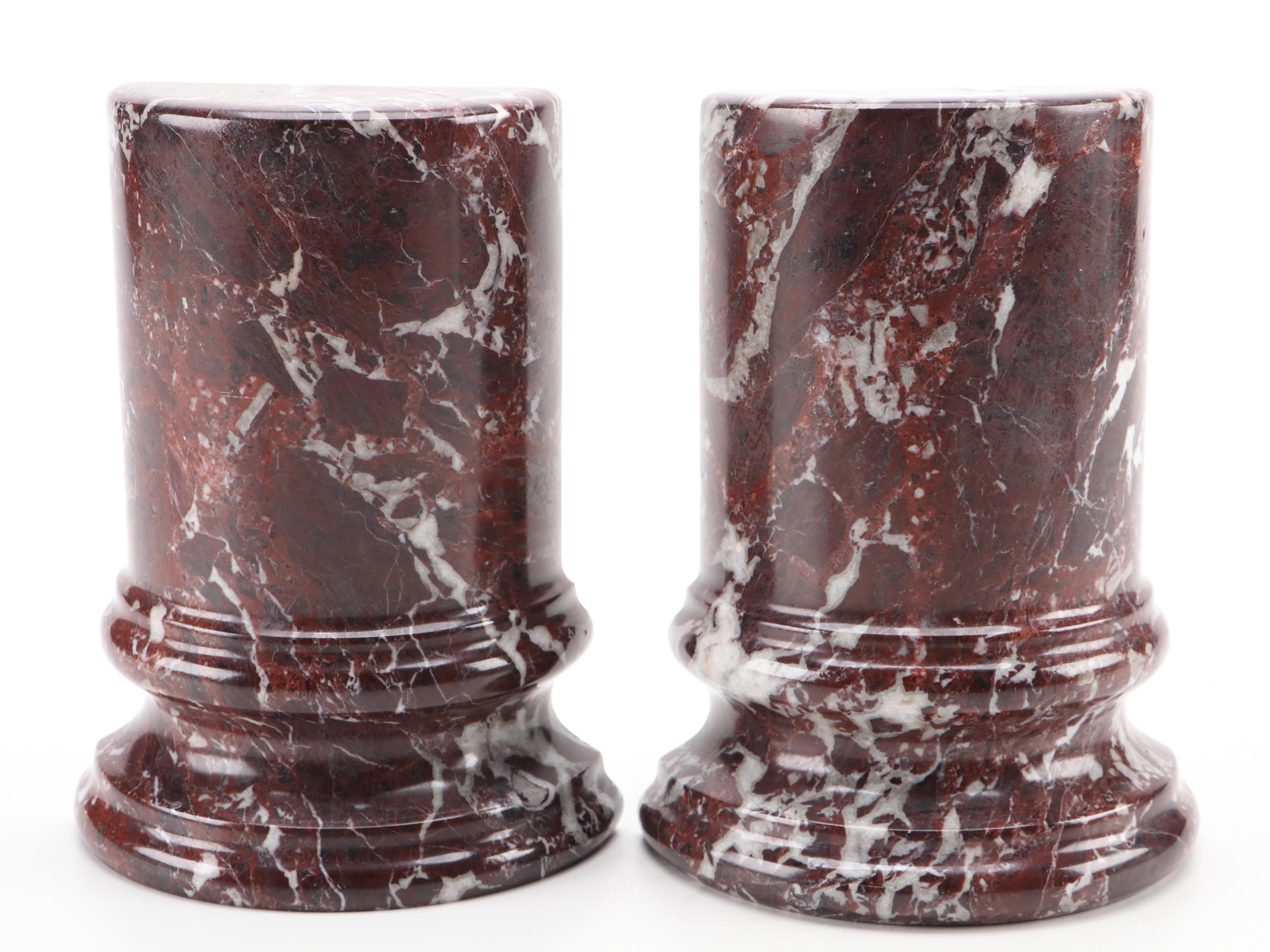 Pair of Rojo Levante Marble Columnar Bookends