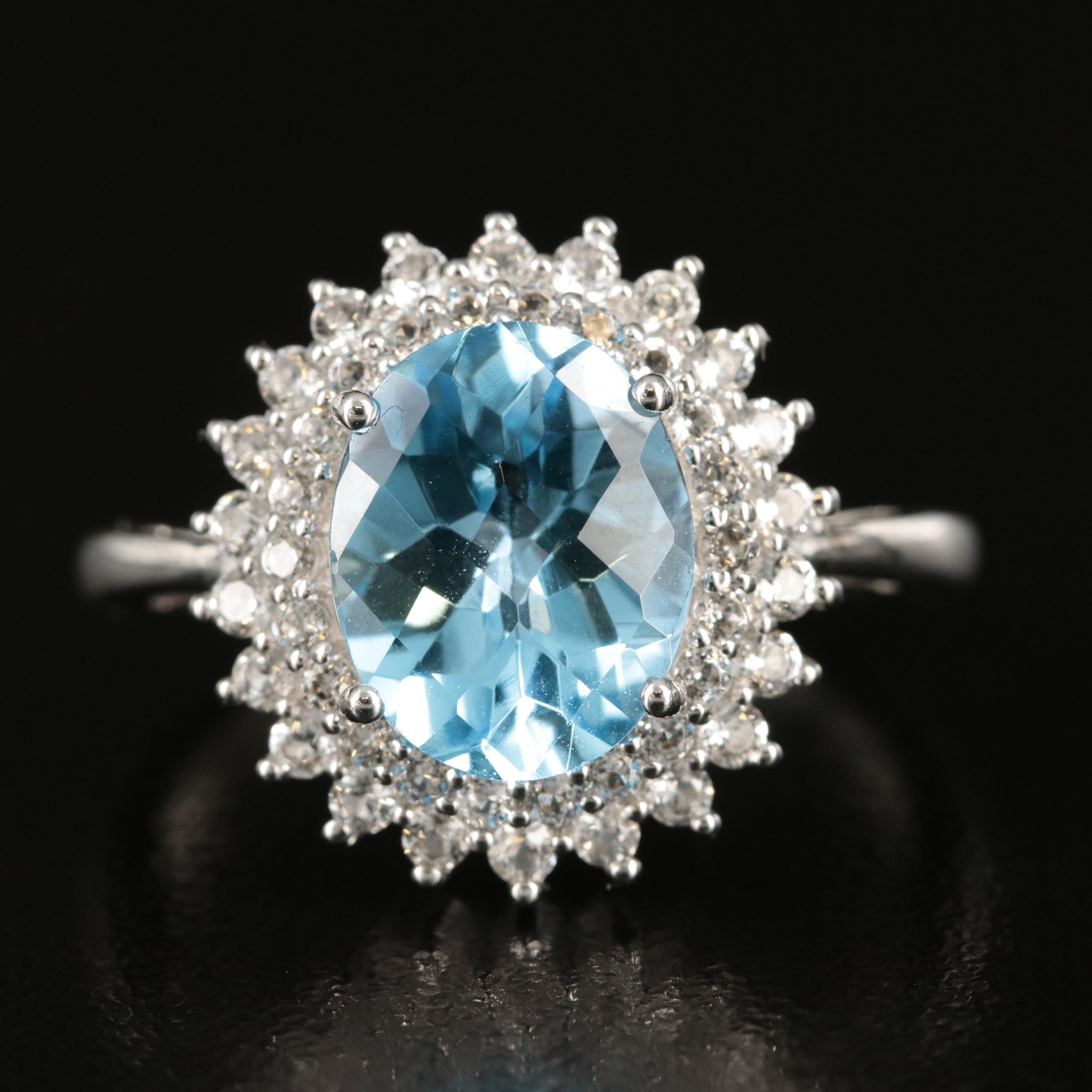 Sterling Swiss Blue and White Topaz Double Halo Ring