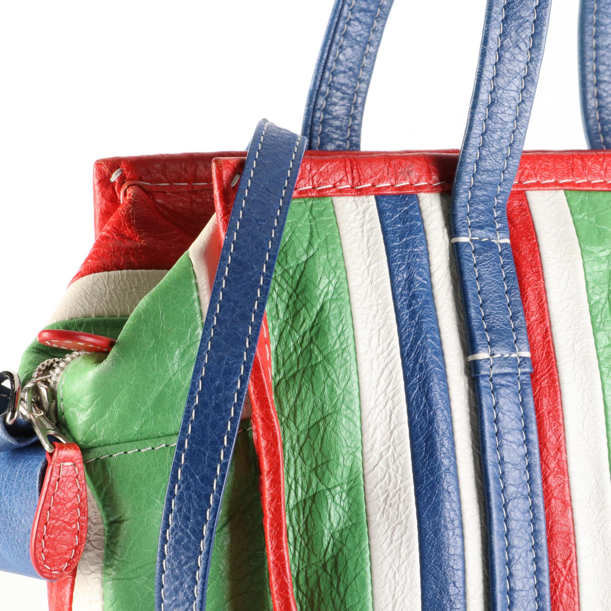 Balenciaga Bazar Convertible Small Tote in Bayadere Stripe Crinkled Leather
