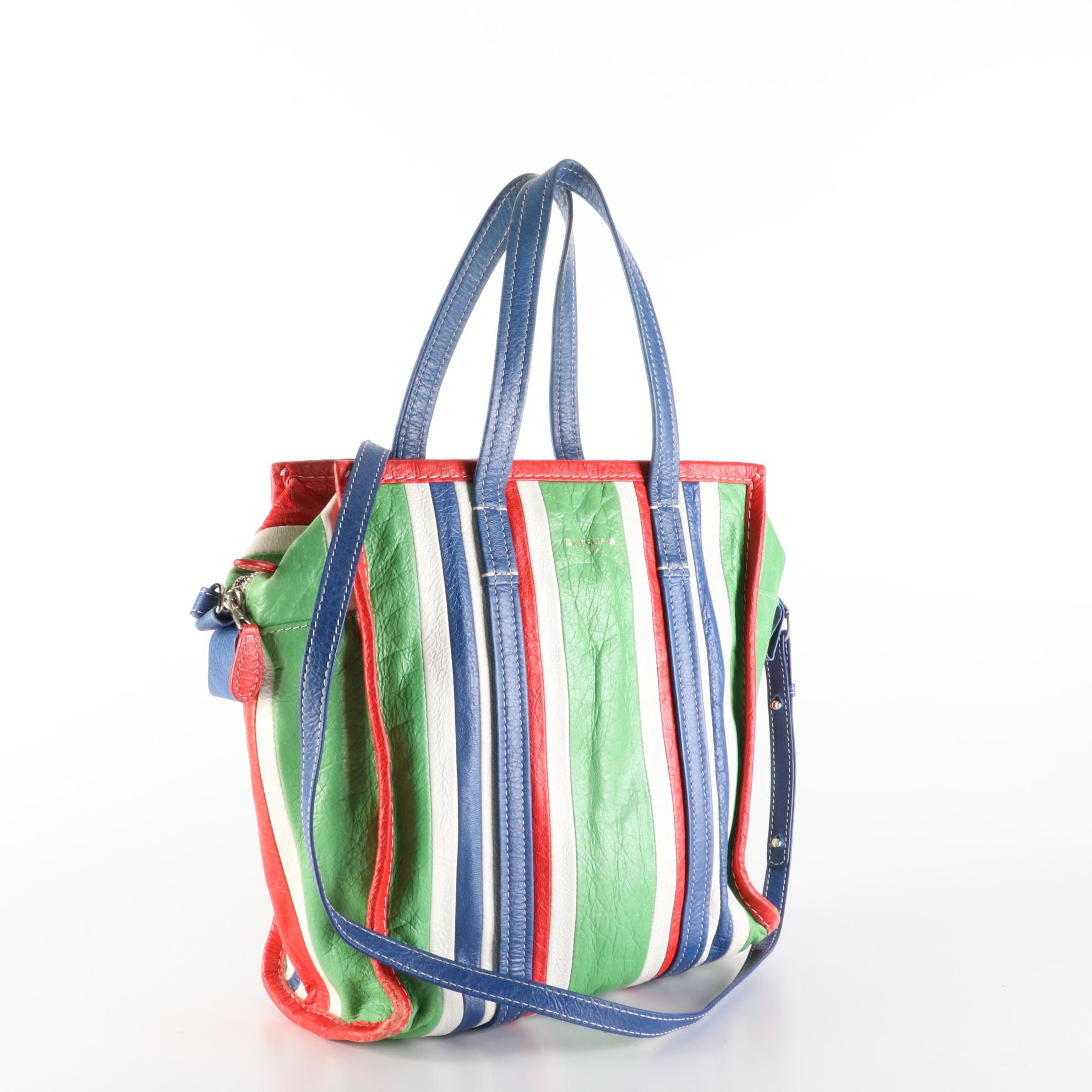 Balenciaga Bazar Convertible Small Tote in Bayadere Stripe Crinkled Leather