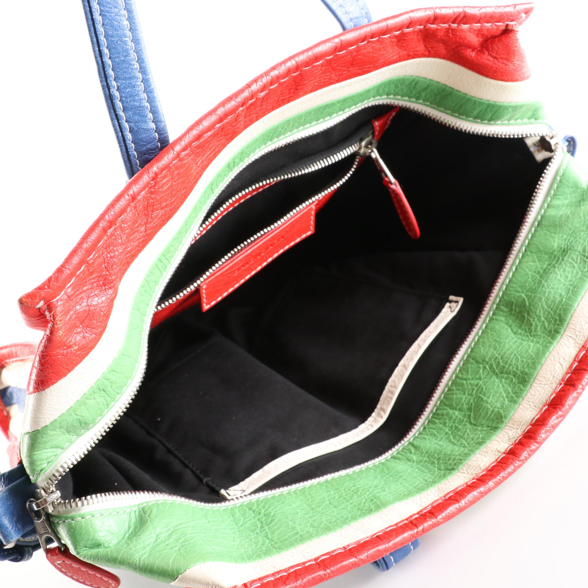 Balenciaga Bazar Convertible Small Tote in Bayadere Stripe Crinkled Leather