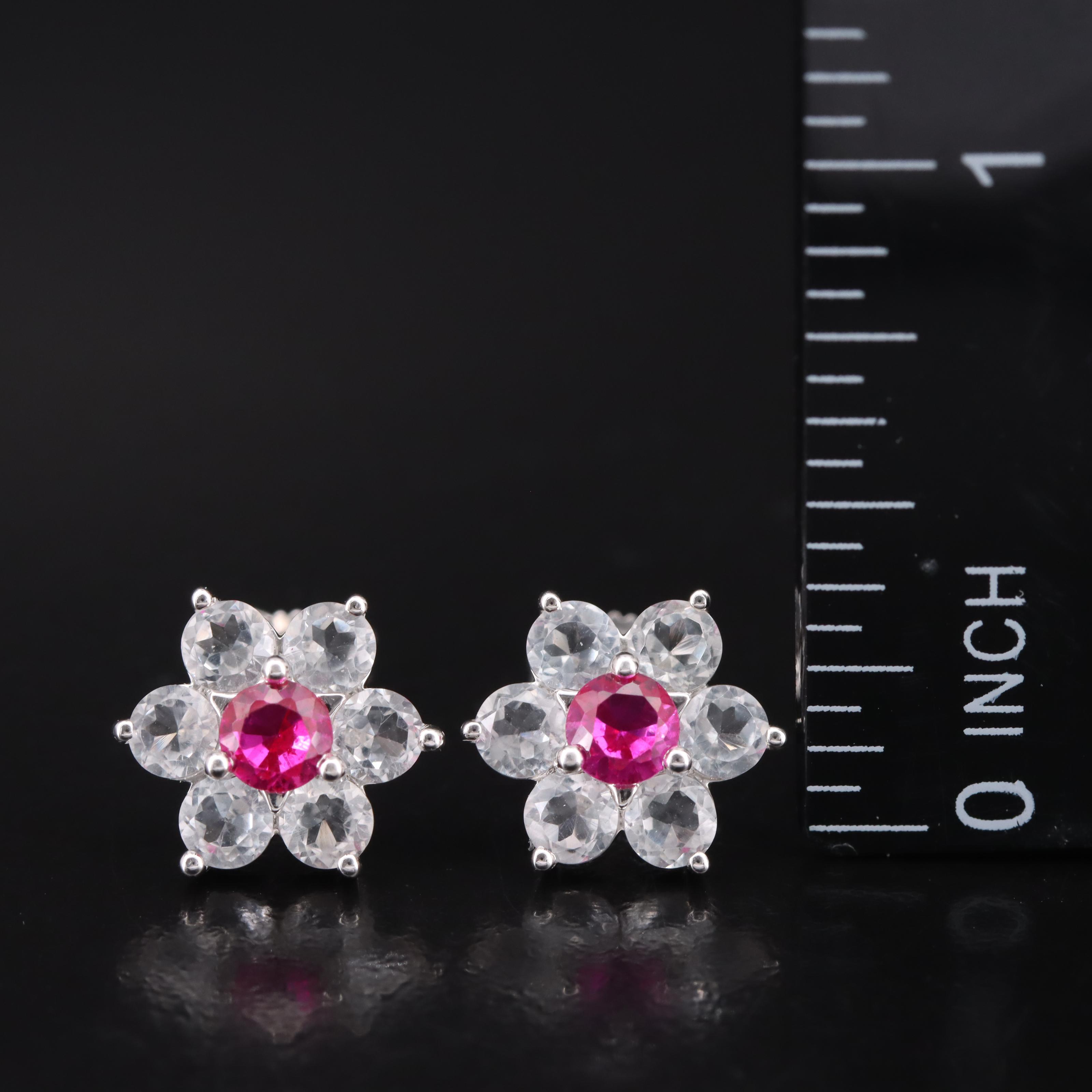 Sterling Ruby and White Sapphire Flower Stud Earrings