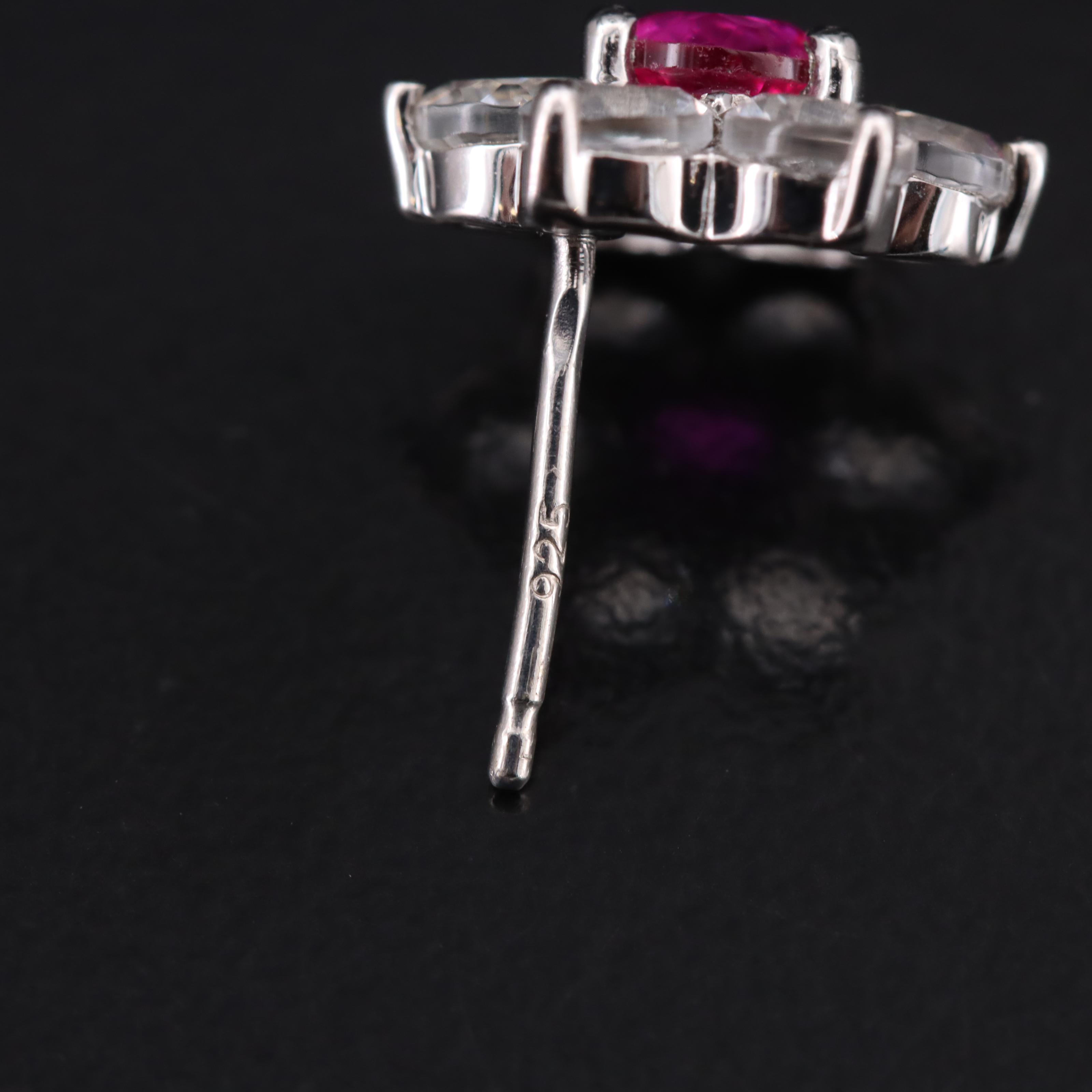 Sterling Ruby and White Sapphire Flower Stud Earrings