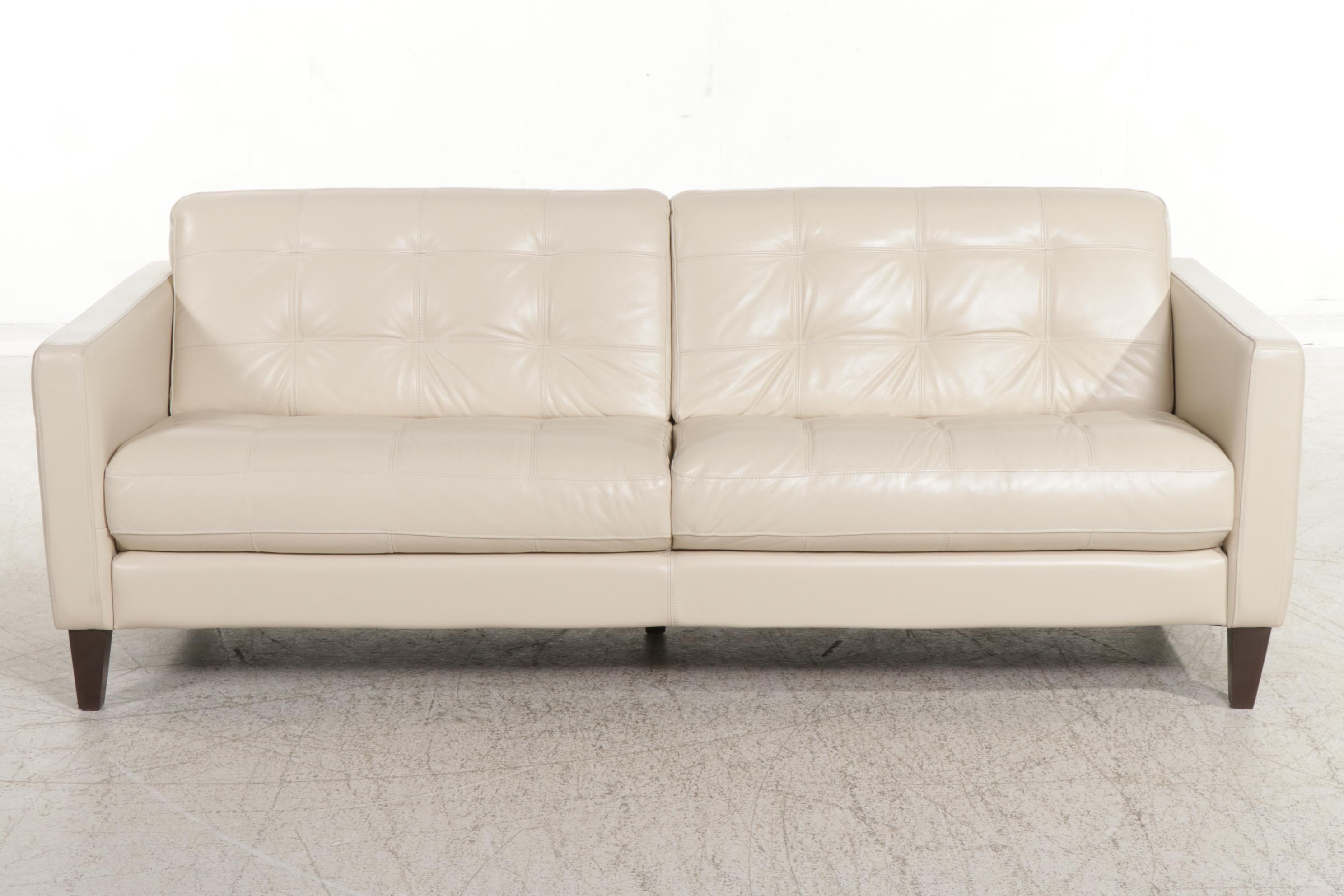 Chateau d'Ax Modernist Style Ivory Leather Grid-Tufted Two-Seat Sofa