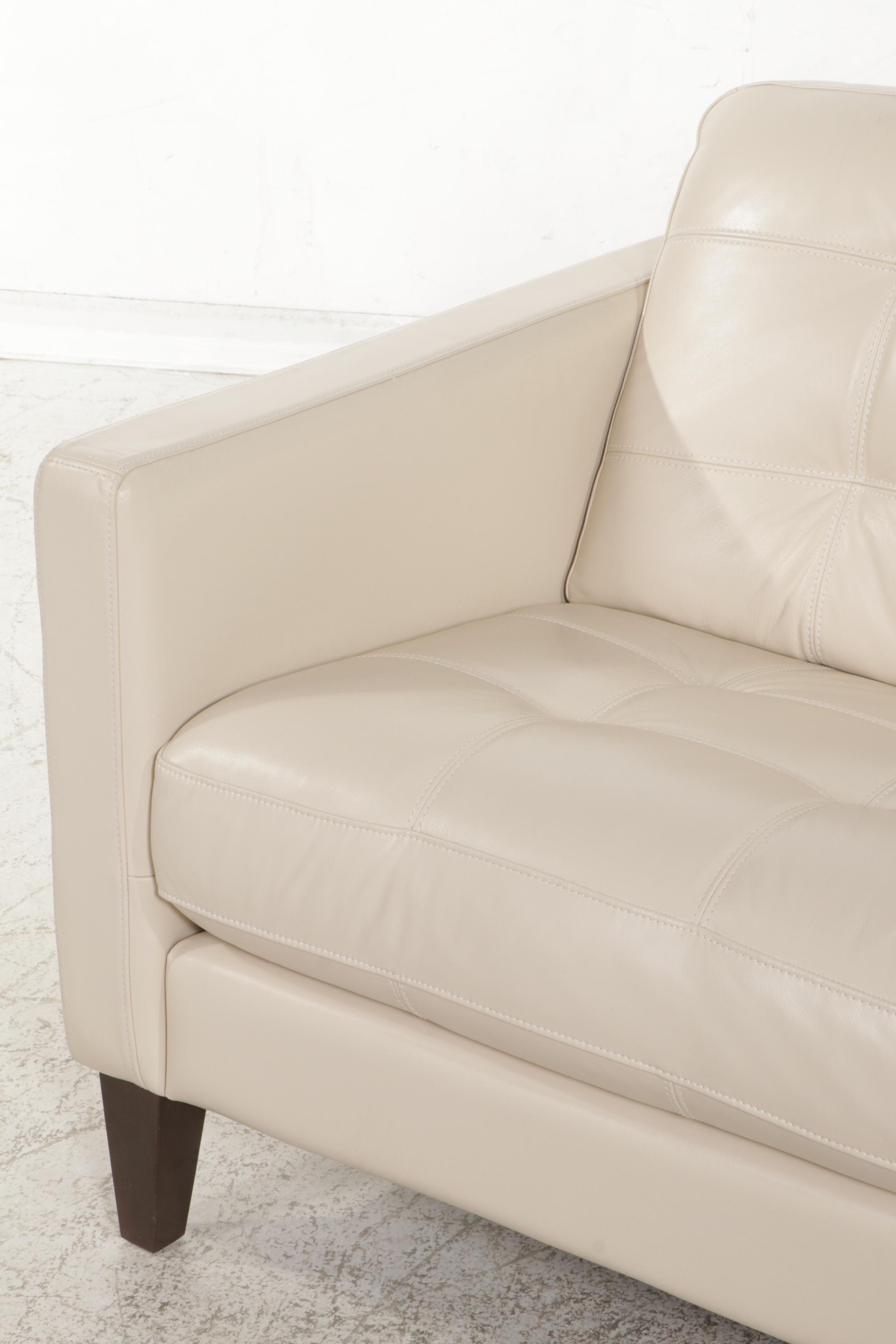 Chateau d'Ax Modernist Style Ivory Leather Grid-Tufted Two-Seat Sofa