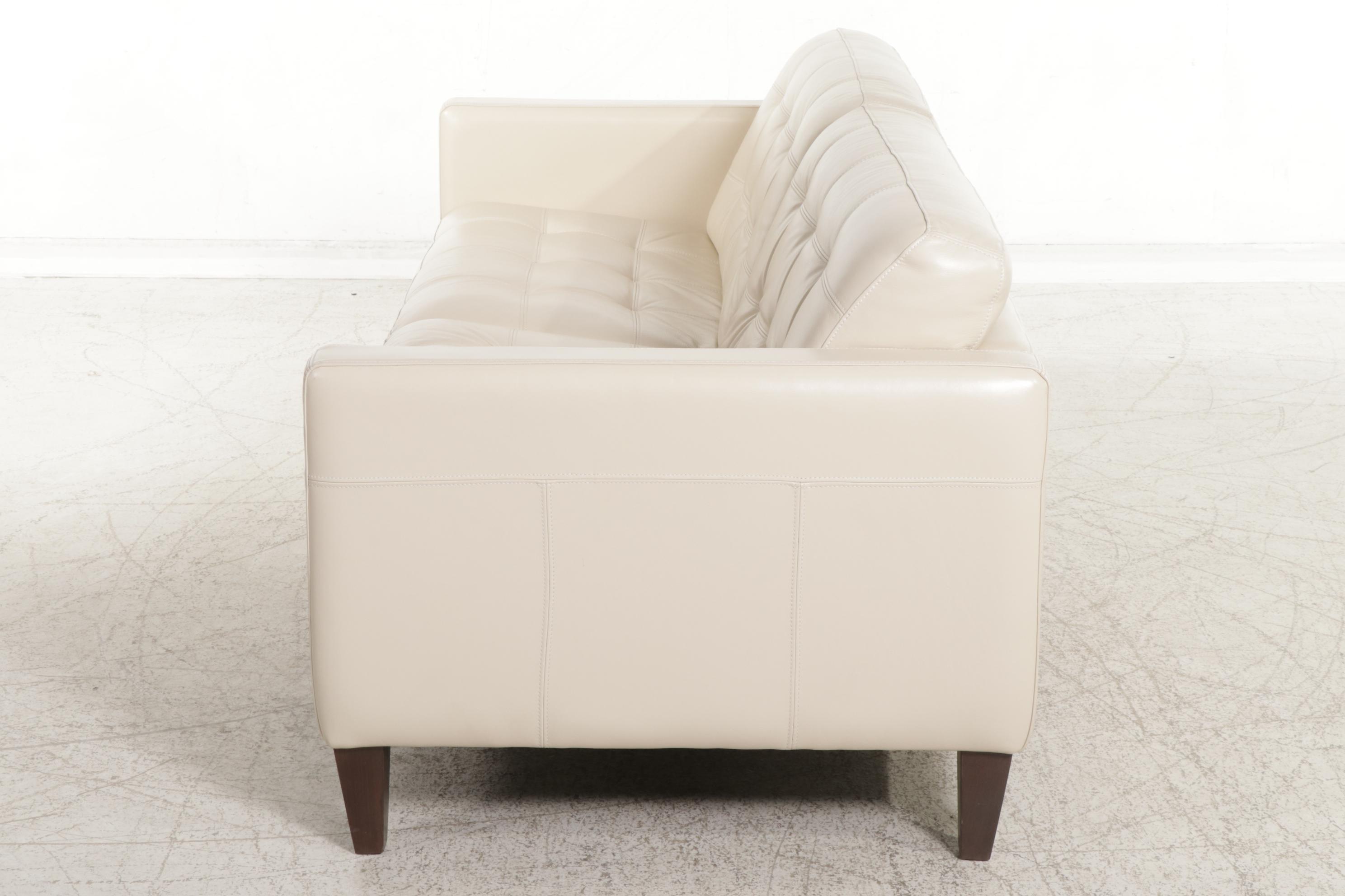 Chateau d'Ax Modernist Style Ivory Leather Grid-Tufted Two-Seat Sofa