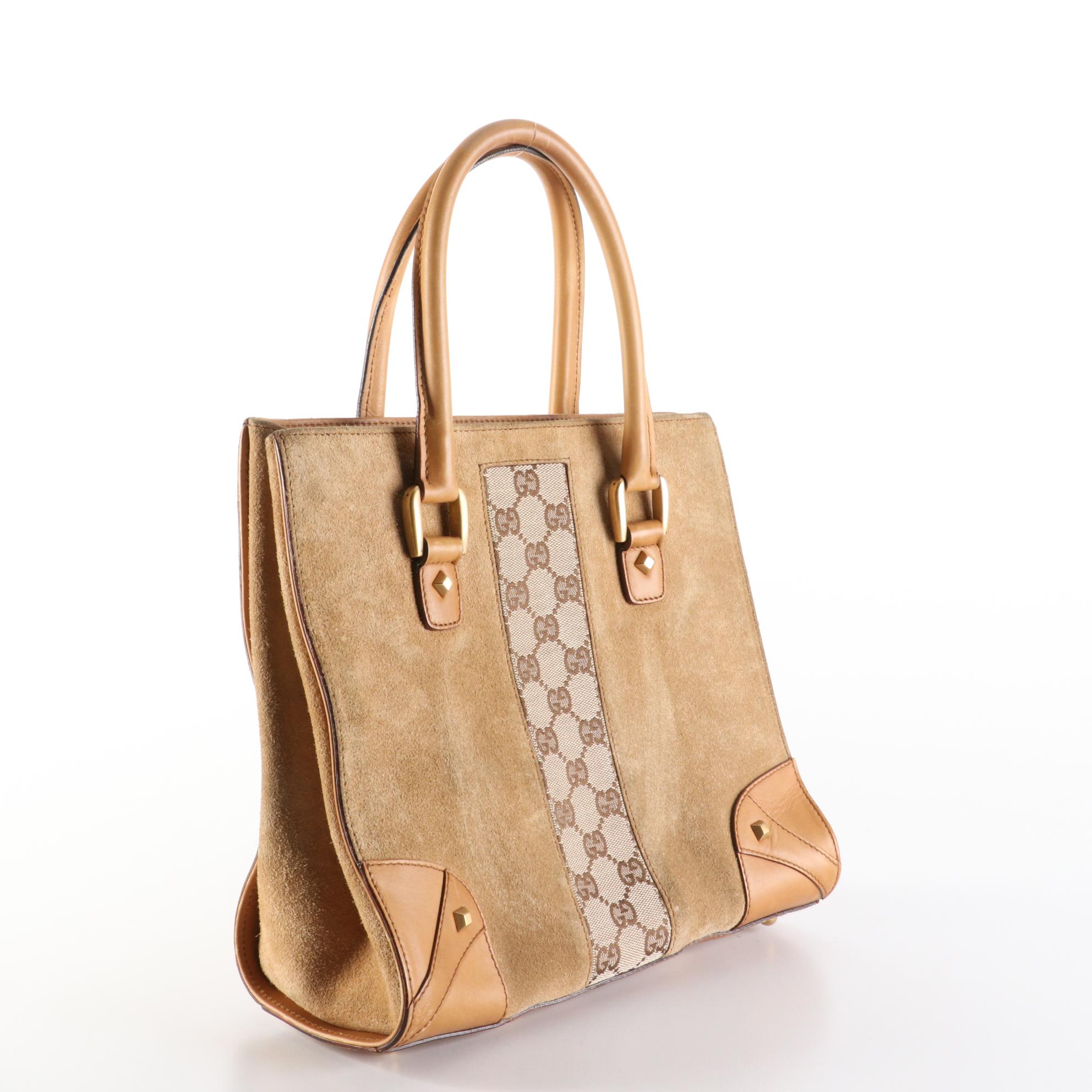 Gucci Nailhead Handbag in Suede with GG Canvas