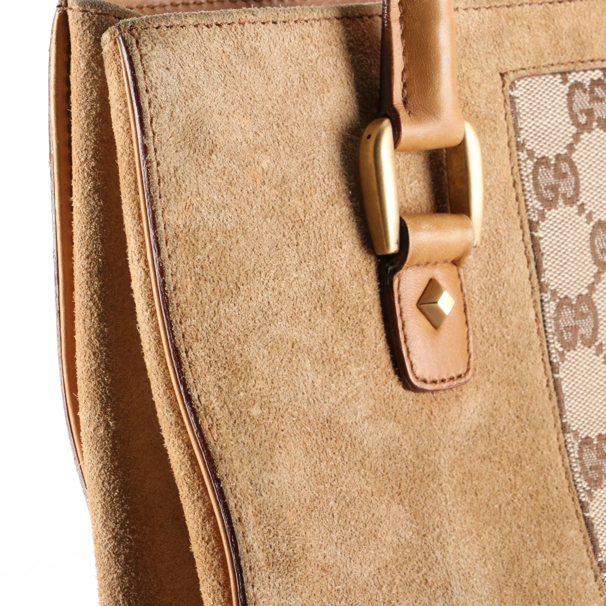 Gucci Nailhead Handbag in Suede with GG Canvas