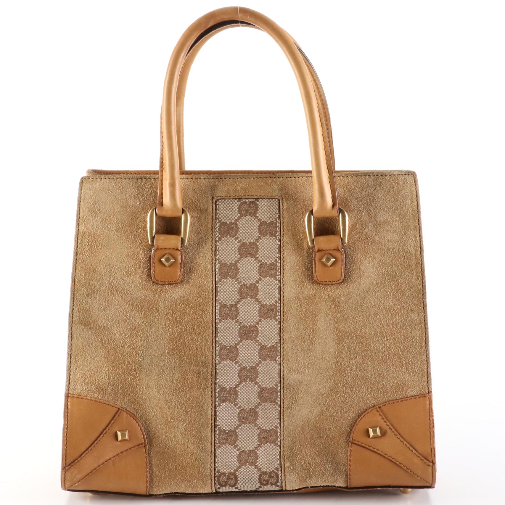 Gucci Nailhead Handbag in Suede with GG Canvas