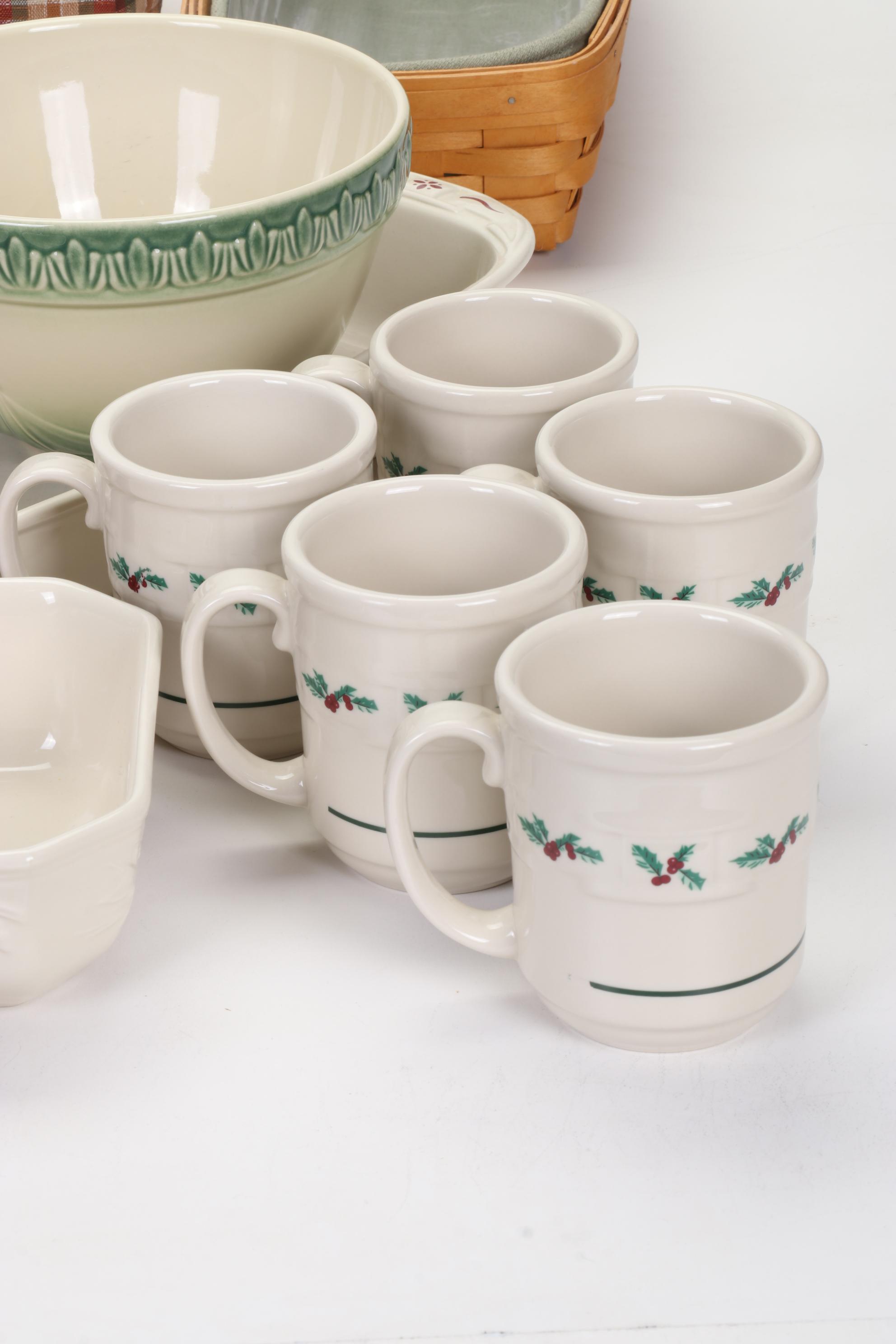 Longaberger Baskets with Pottery Christmas Mugs and Serving Pieces