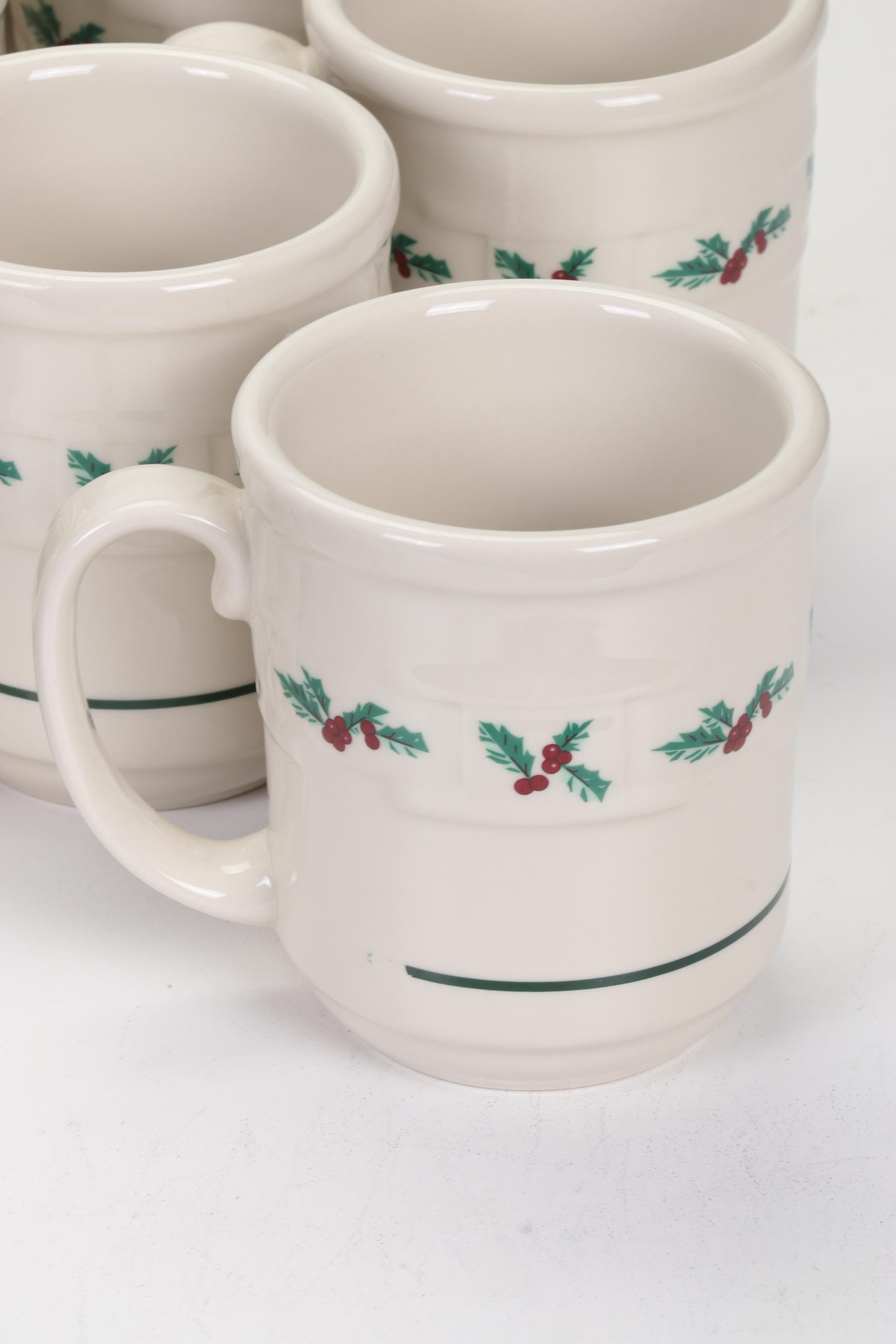 Longaberger Baskets with Pottery Christmas Mugs and Serving Pieces