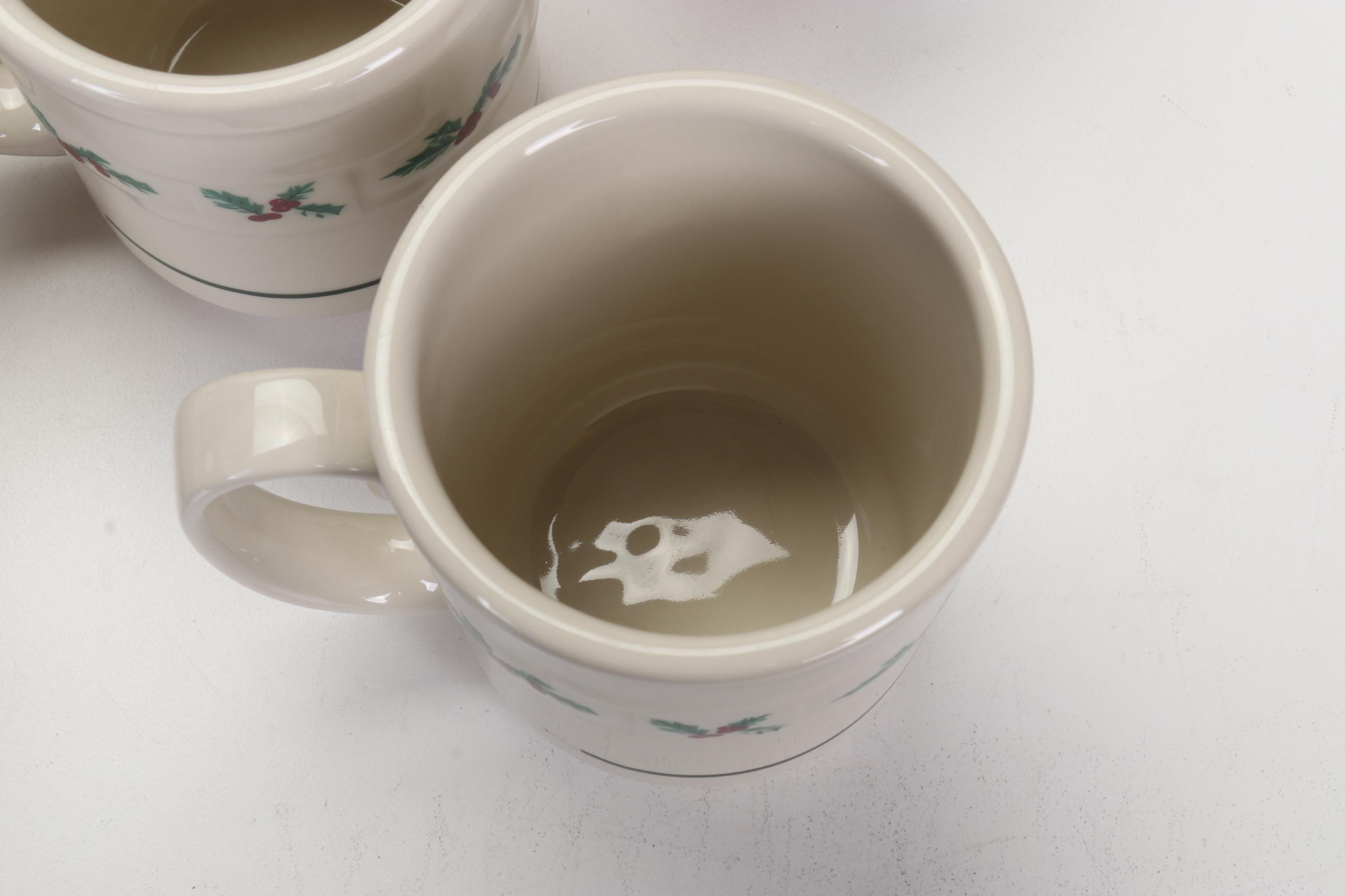 Longaberger Baskets with Pottery Christmas Mugs and Serving Pieces