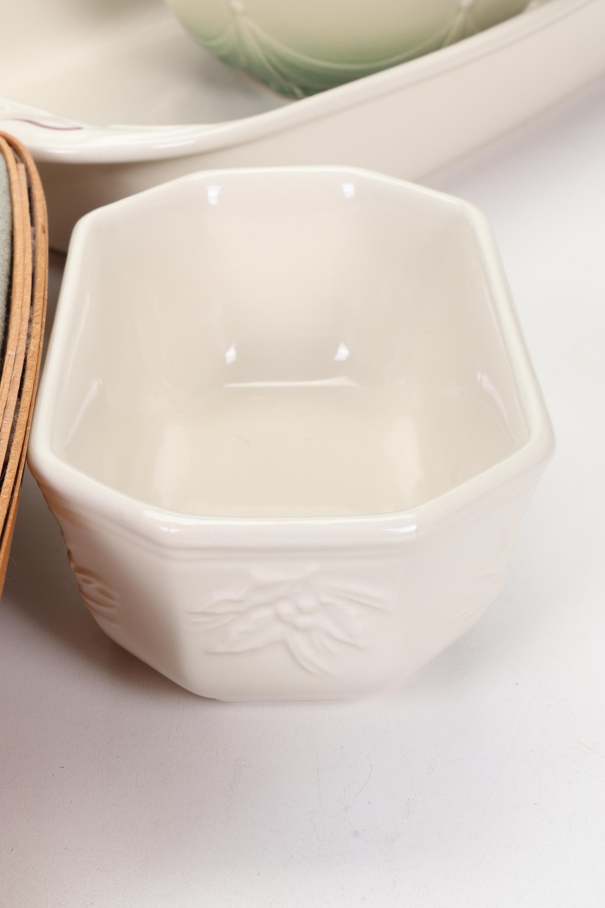 Longaberger Baskets with Pottery Christmas Mugs and Serving Pieces